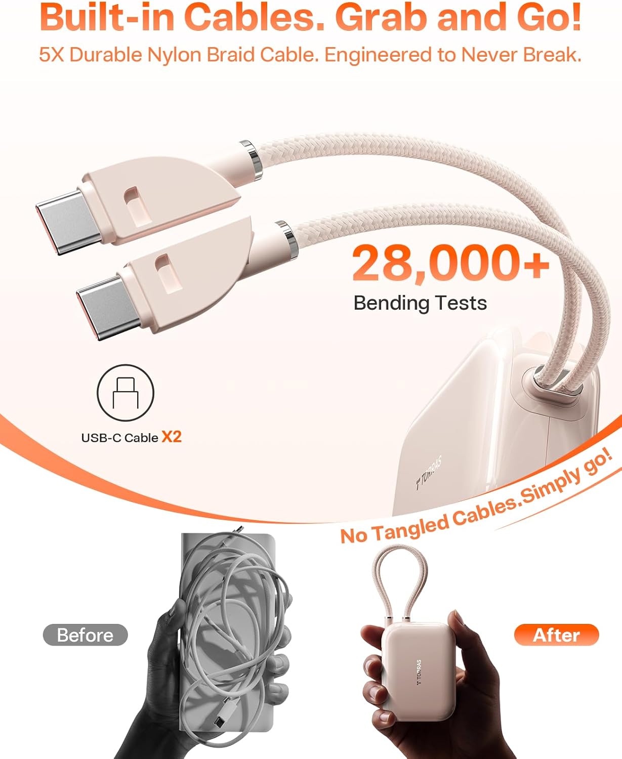 TORRAS EasyGo Portable Charger, 45W Fast Charging 10000mAh Power Bank [Travel & Daily Essentials] Built in Cable USB C, Phone Battery Pack Powerbank for iPhone Air/17/16/15 Series, Samsung, iPad etc