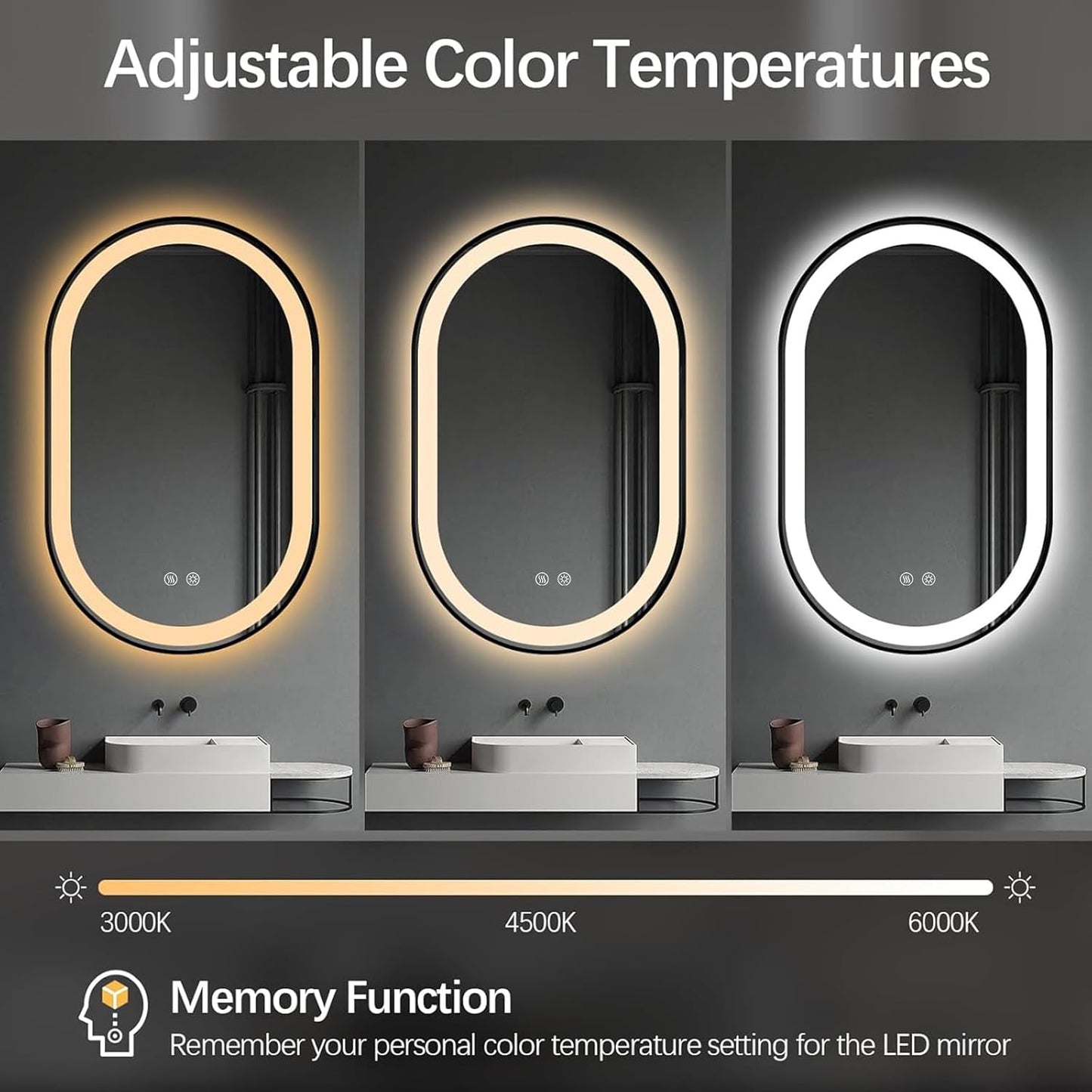 Niccy Oval LED Mirror for Bathroom, 40x24 Front Lit + Backlit Vanity Mirrors with Light Anti-Fog, Shatter-Proof, 3 Colors, Makeup Mirror with Black Frame (Horizontal/Vertical)