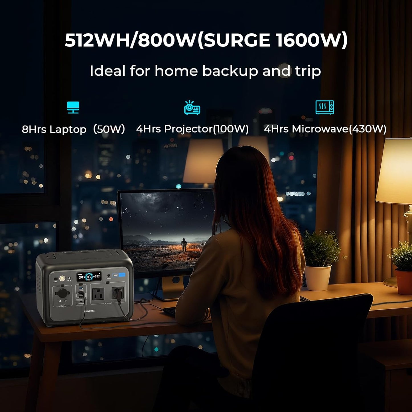 OUKITEL Portable Power Station 800W（Peak 1600W), 512Wh Solar Generator 1 Hour Fast Charging LiFePO4 Battery Backup for Emergency Home Camping RVs(Solar Panel Optional)
