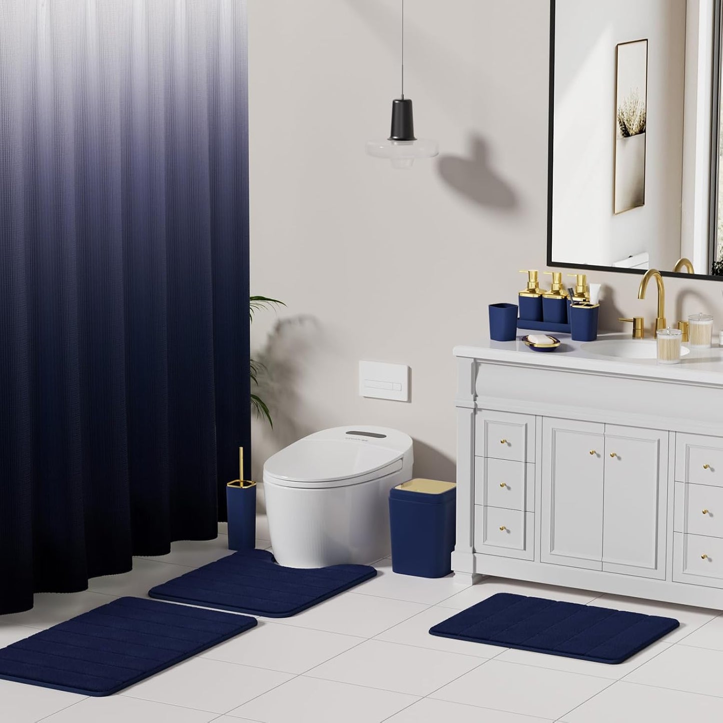 Bathroom Sets with Shower Curtain and Rugs, 27PC Bathroom Accessory Set, Blue Bathroom Set, Navy Blue Bathroom Accessories Set with Trash Can, Toilet Brush and Soap Dispensers