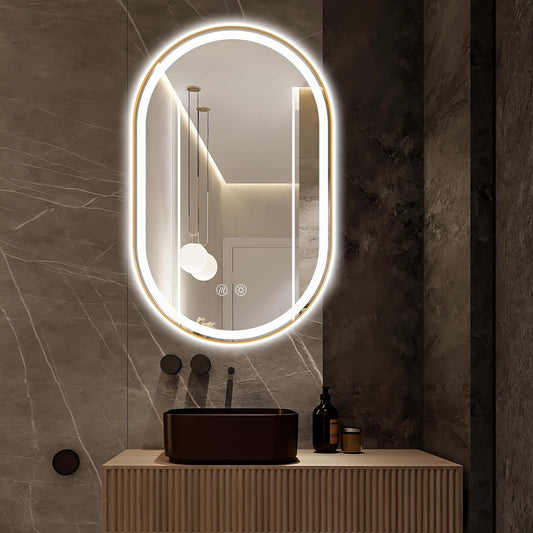 Niccy Oval LED Mirror for Bathroom, 48x30 Front Lit + Backlit Vanity Mirrors with Light Anti-Fog, Shatter-Proof, 3 Colors, Makeup Mirror with Gold Frame (Horizontal/Vertical)