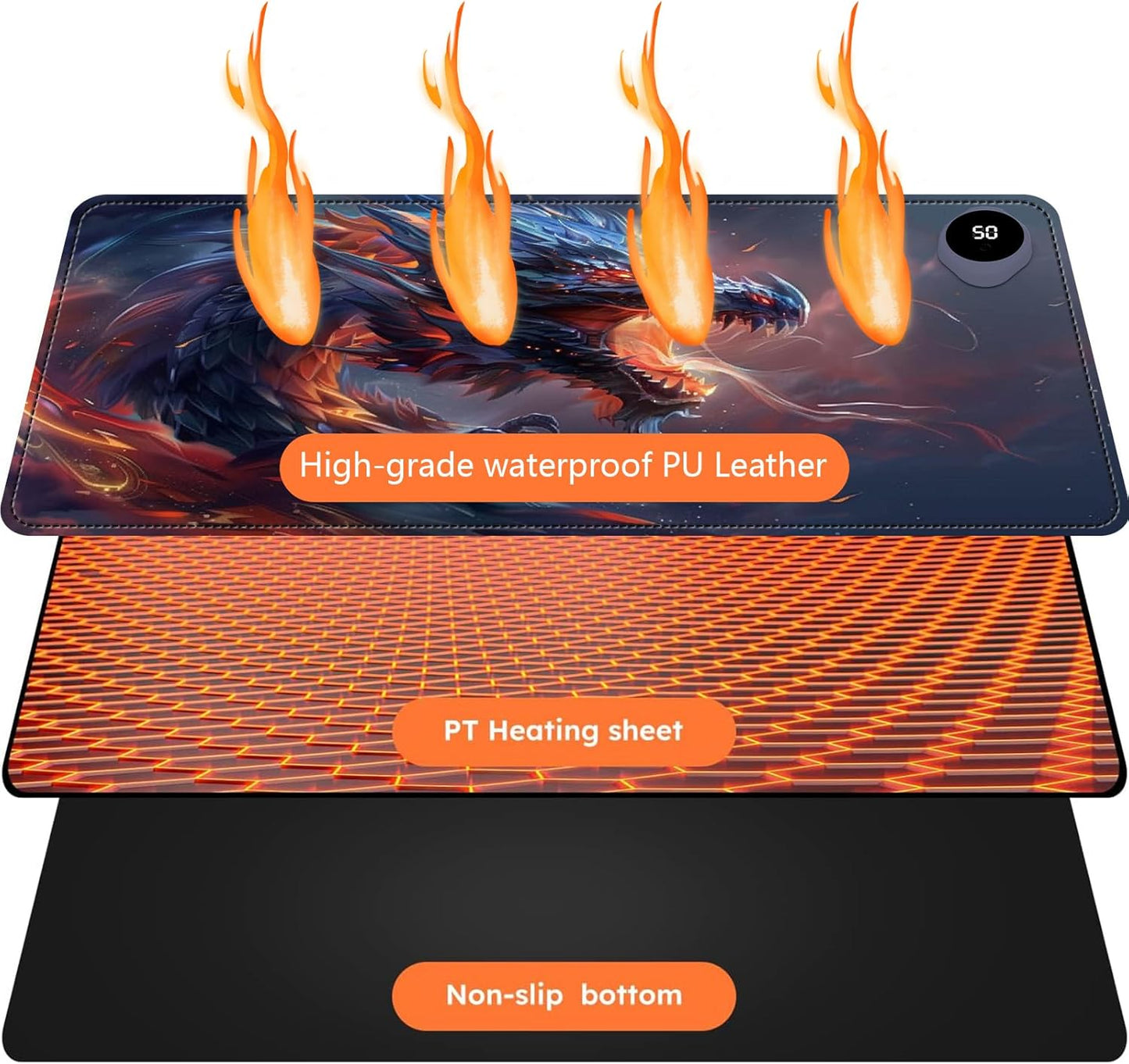 Heated Mouse Pad with 3 Levels Heated & 3 Hours Auto Shut-Off Mouse Pad for Warming Hands in Office Home, 23.6" x 14.2"Large Safe Desk Mat Hand Warmer，Watercolor Dragon
