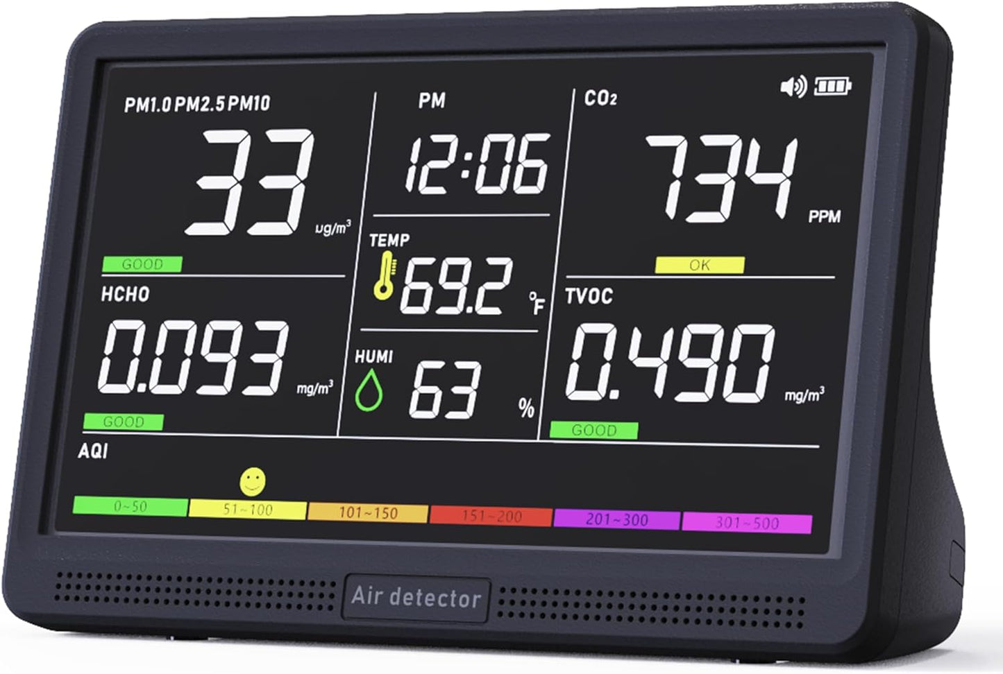 Professional Indoor Air Quality Monitor with 7X AQI Alarms,16 in 1 Portable Real-Time Detector for PM2.5 | PM10 | CO2 | TVOC | HCHO | Temp | Hum for Home Cars Plants Pets