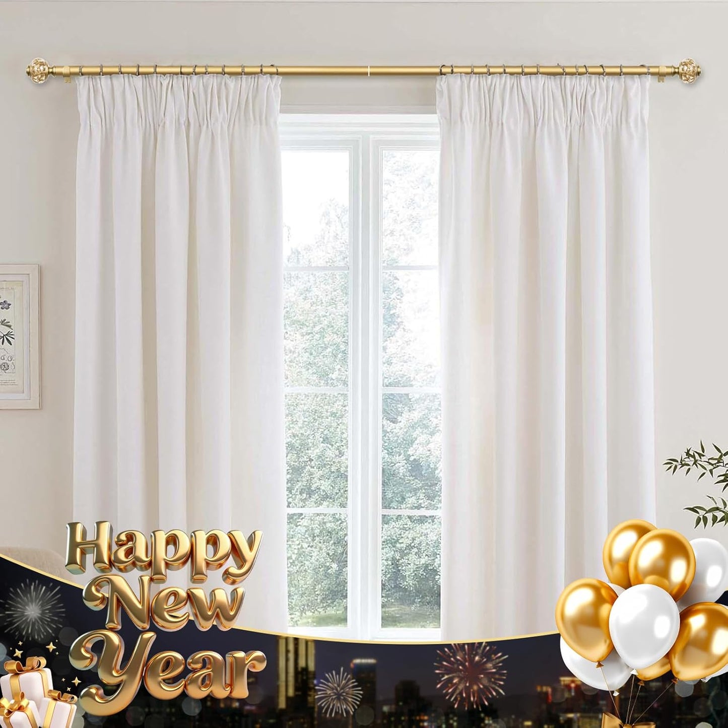 1 Inch Gold Curtain Rods for Windows 140 to 195 Inches (6 to 12 ft), USFOOK Telescoping Single Drapery Rod, Decorative Curtain Rod with Luxury Translucent Finials