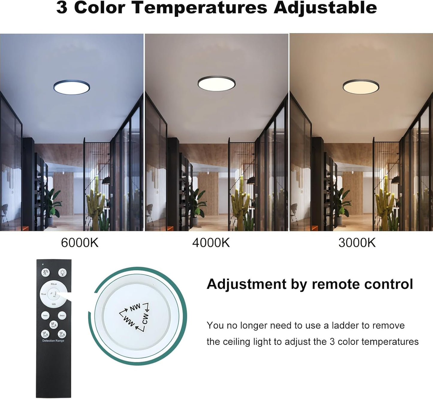 12 Inch Motion Sensor Ceiling Light Indoor Wired, Motion Activated Flush Mount Light Fixture, Motion Sensor Light Indoor for Closet Hallway Porch Laundry Garage Basement, 3000k/4000k/6000k Black