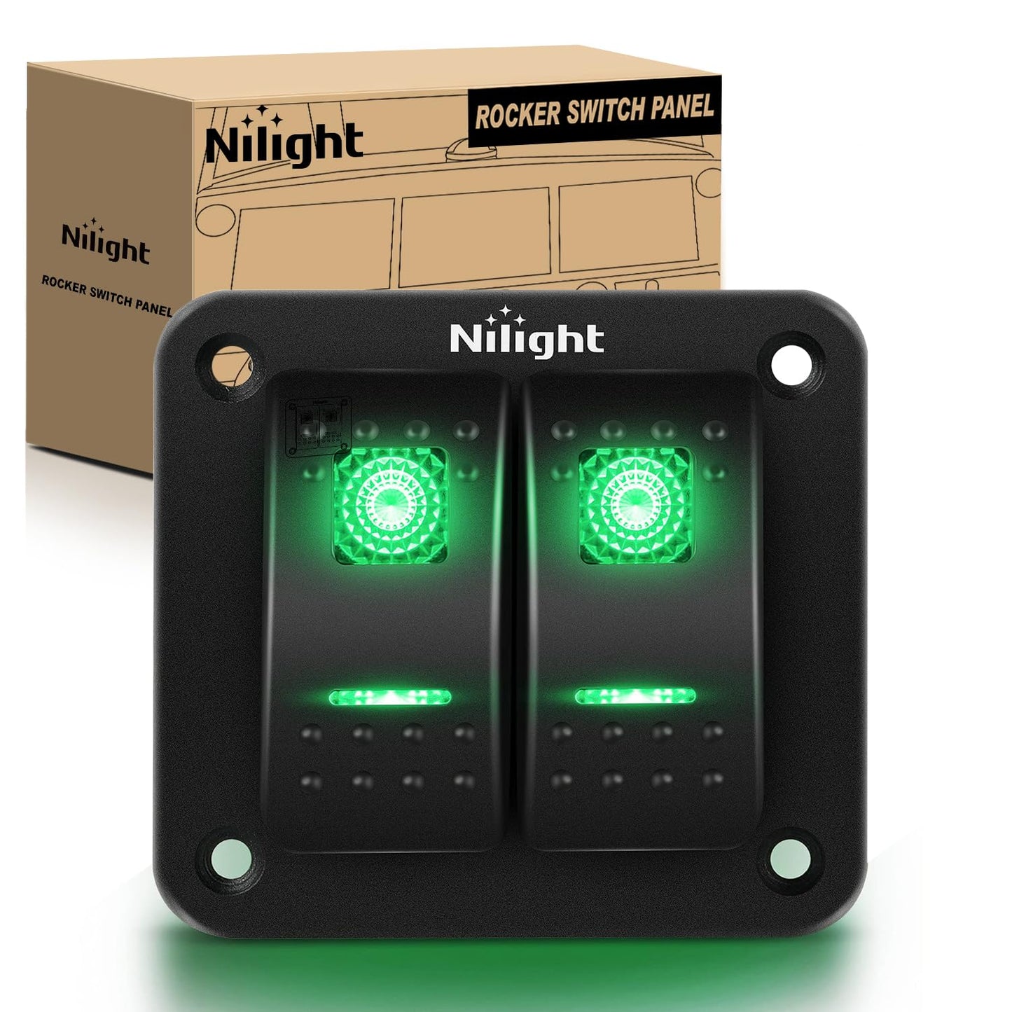 Nilight 2 Gang Rocker Switch Panel 12V 24V DC Green Switches Aluminum Panel 5Pin ON Off PreWired Toggle Switch Panel Waterproof for Cars Boats ATVs UTVs,2 Years Warranty