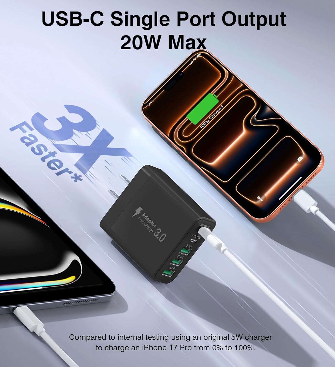 [2-Pack] USB C Wall Charger, 60W Fast USB C Charger Block, 5-Port PD Power Adapter + QC Wall Plug Multiport Type C Charging Block Cube Compatible with iPhone 17 16 15 14 13 12 Pro Max XR XS, Black