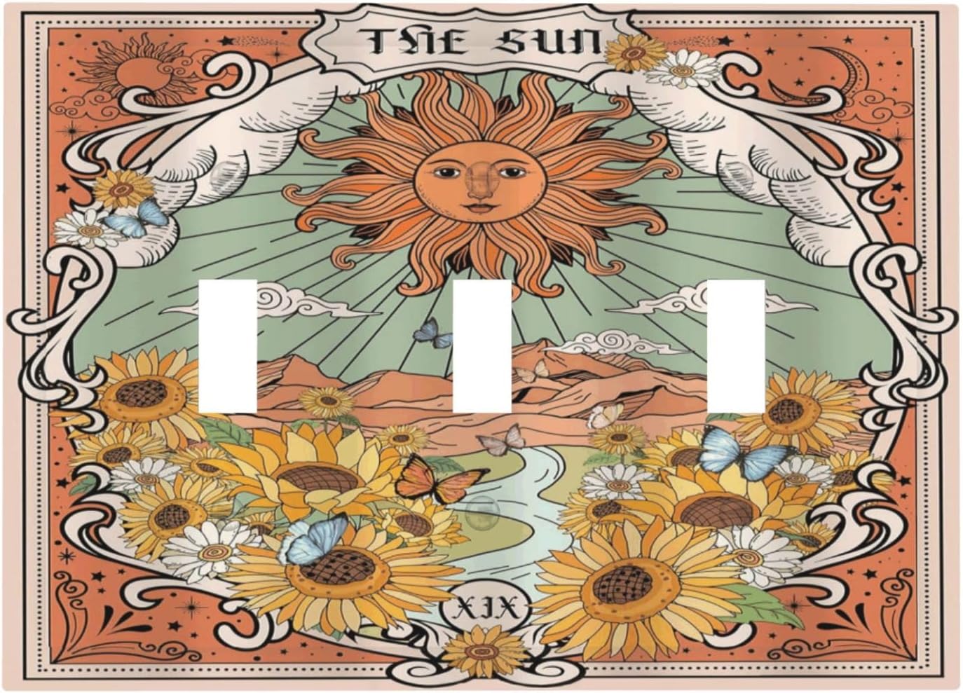 Boho Retro Sun Sunflower Vintage Flower Butterfly Decorative Switch Plates 3 Gang Wall Plate Triple Toggle Light Switch Cover Faceplate Electrical Wall Panels for Farmhouse Home Decor