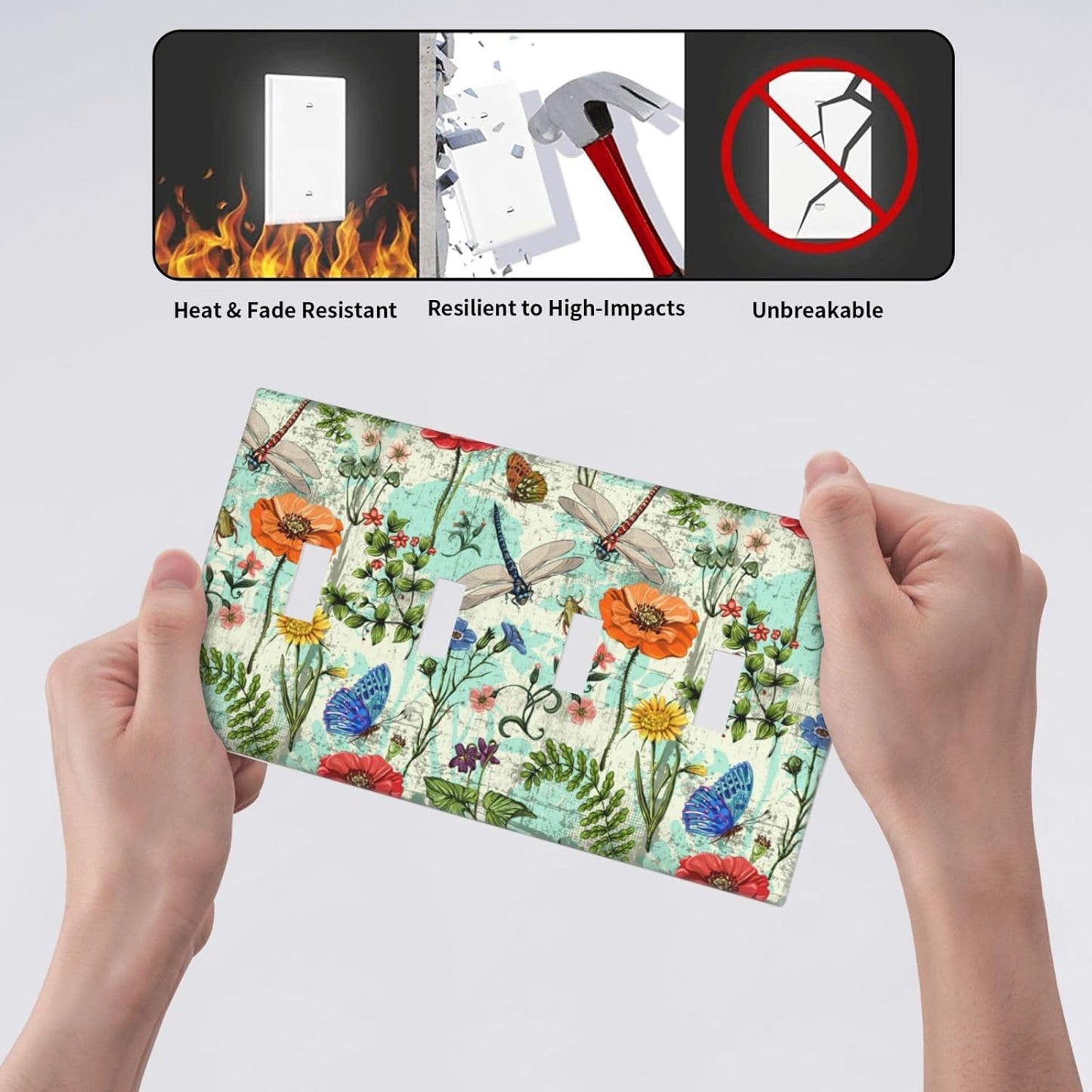Dragonflies Flowers Butterfly 4 Gang Quad Toggle Outlet Light Switch Cover Decorative Wall Plate Cover For Home Living Bedroom Kitchen Decorative