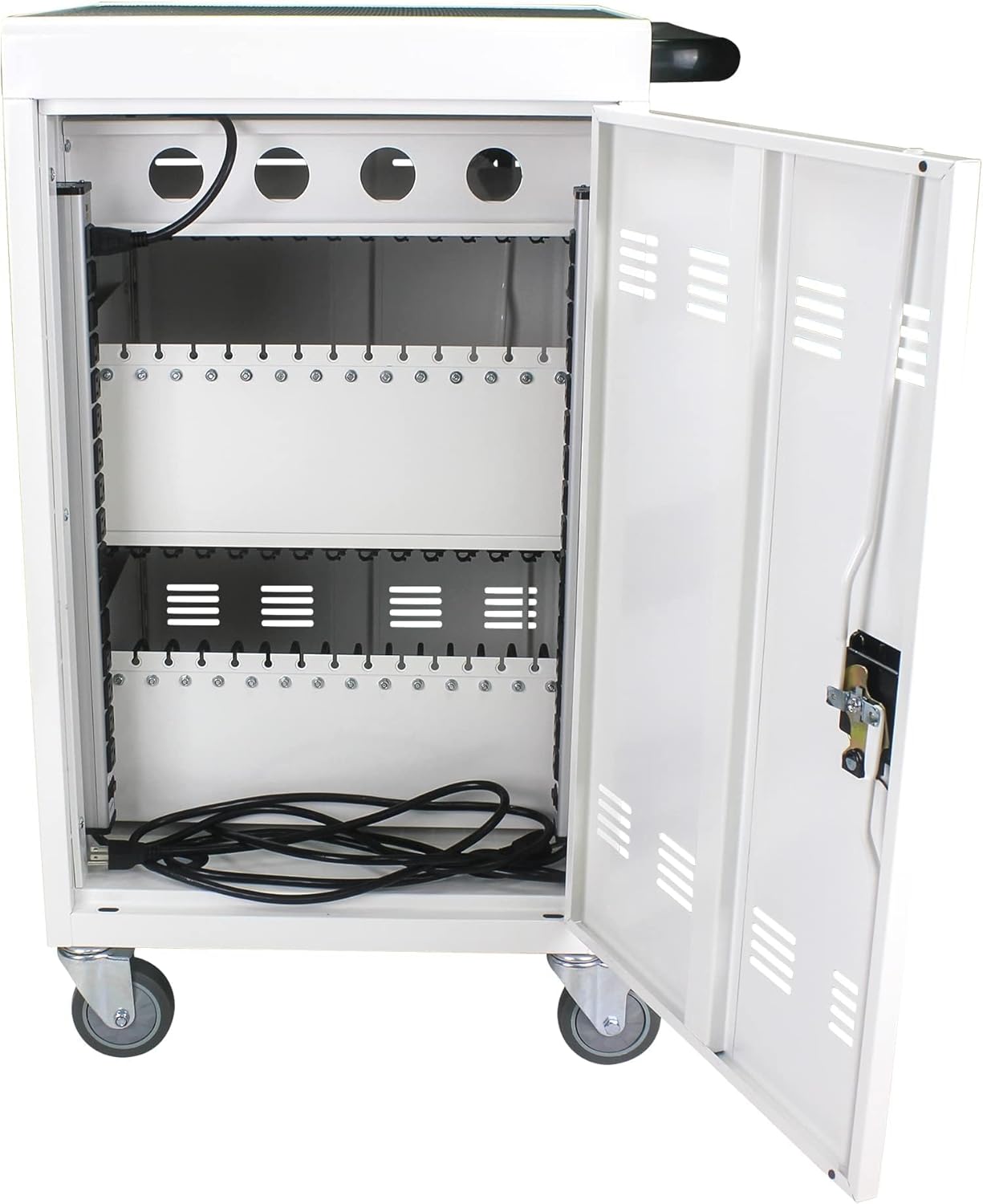 35 Device Charging Cart for Laptops and Tablets Up to 16.3-inch, Mobile Charging Station with AC Outlets, Secure Storage and Cable Management, Mobile Charging Cabinet for Ipads, Chromebooks, White