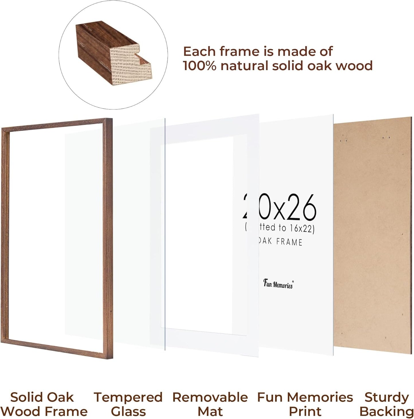 Fun Memories Rustic Oak Wood Picture Frames - 20x26 with Tempered Glass, Matted to 16x22 (Walnut, 1 Pack)