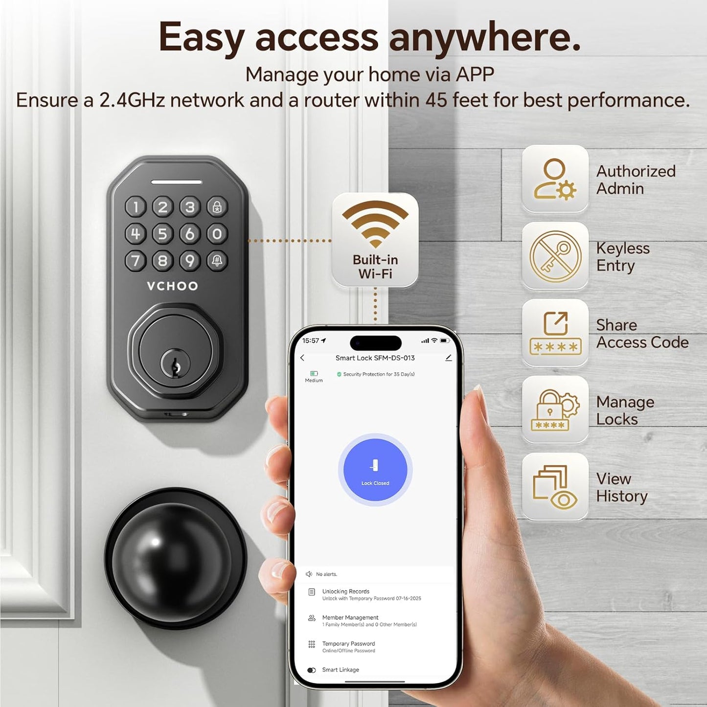 Keyless Entry Door Lock with 2 Knobs App Control Smart Locks for Front Door WiFi Door Lock Set Automatic Lock One Time Password Anti Peeping Password IP54, Black