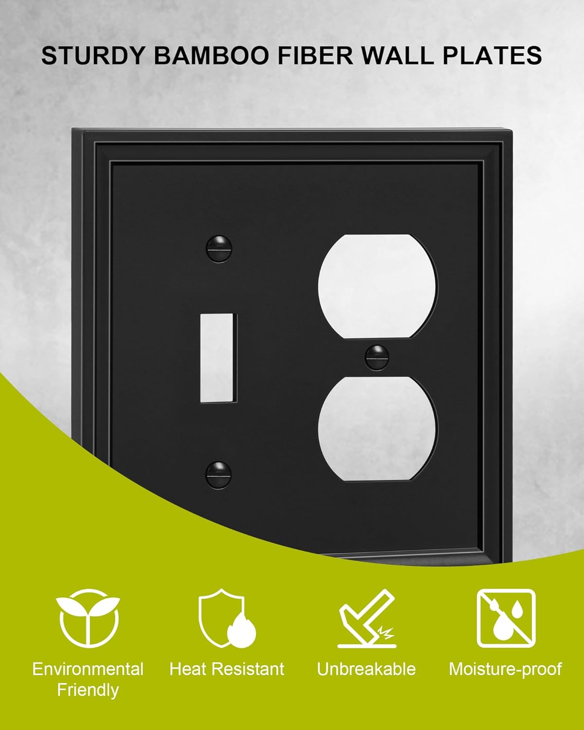2-Pack Combo Toggle/Duplex Light Switch Cover Plate, Black Wall Outlet Cover Plate, Natural Bamboo Fiber Decorative Wall Receptacle Cover for Electrical Outlets, Light Switch