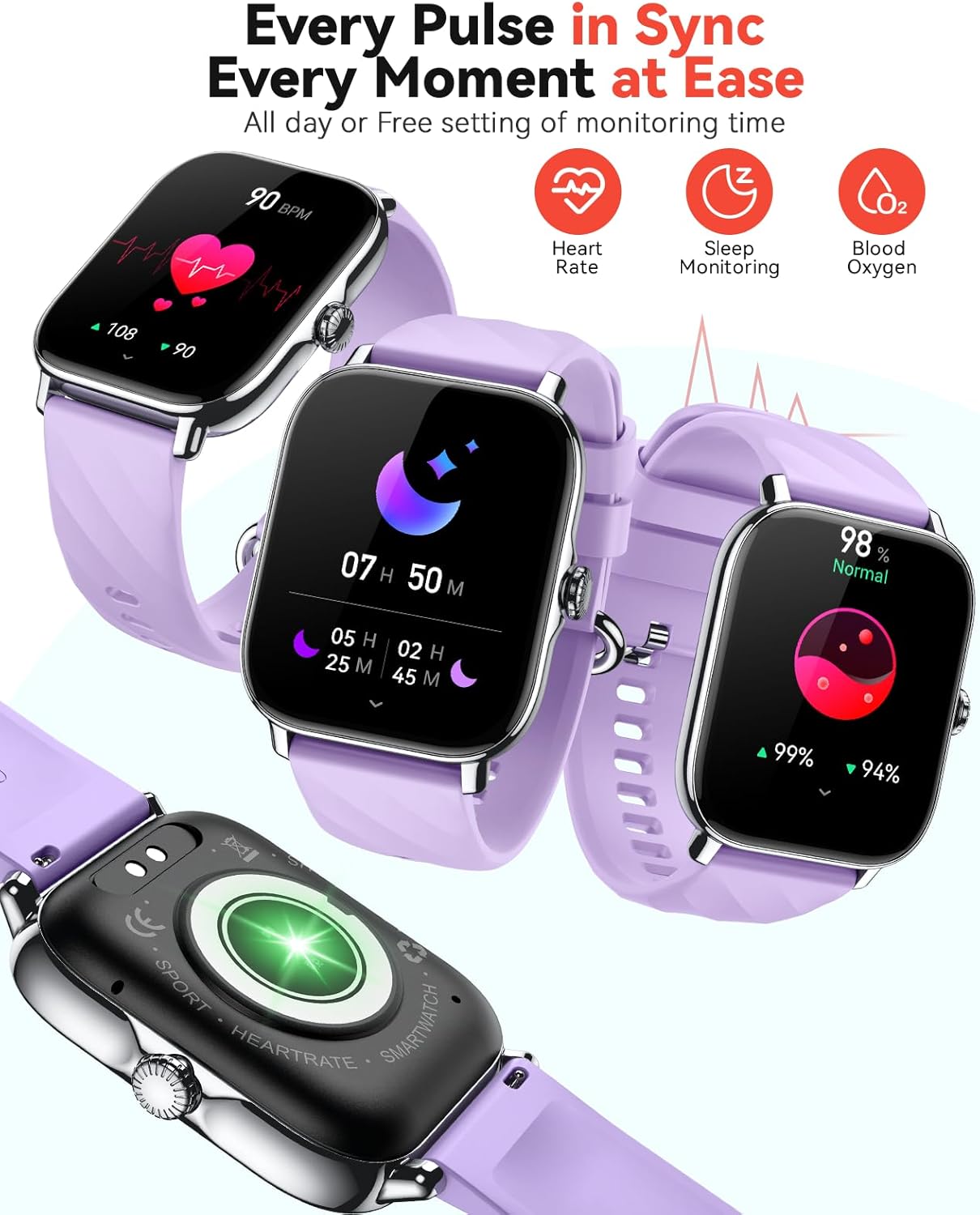 Smart Watches Fitness Tracker for Men Women with Step Counter, Sleep /Calorie Monitor, Pedometer, IP68 Waterproof, 120+ Sports for iPhone Android, 1.91”HD Touchscreen Smartwatch (Casual, Purple, 1.91)