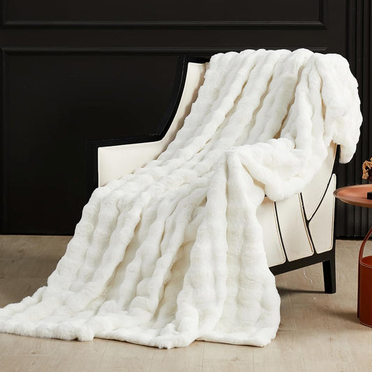 SAPHREAS Faux Fur Throw Blanket for Couch, Fluffy Fuzzy Bubble Blanket for Sofa Bed Living Room, Decor Soft Cozy Gifts for Women Men, 50x60” Cream White