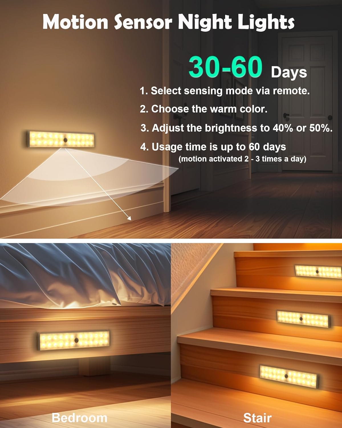 SZOKLED Motion Sensor Under Cabinet Lights, 58-LED RGB Closet Lights Wireless, 1100mAh Rechargeable Under Cabinet Lighting Dimmable Night Lights for Kitchen,Bedroom,Wardrobe,Hallway,Stairs (2 Pcs)