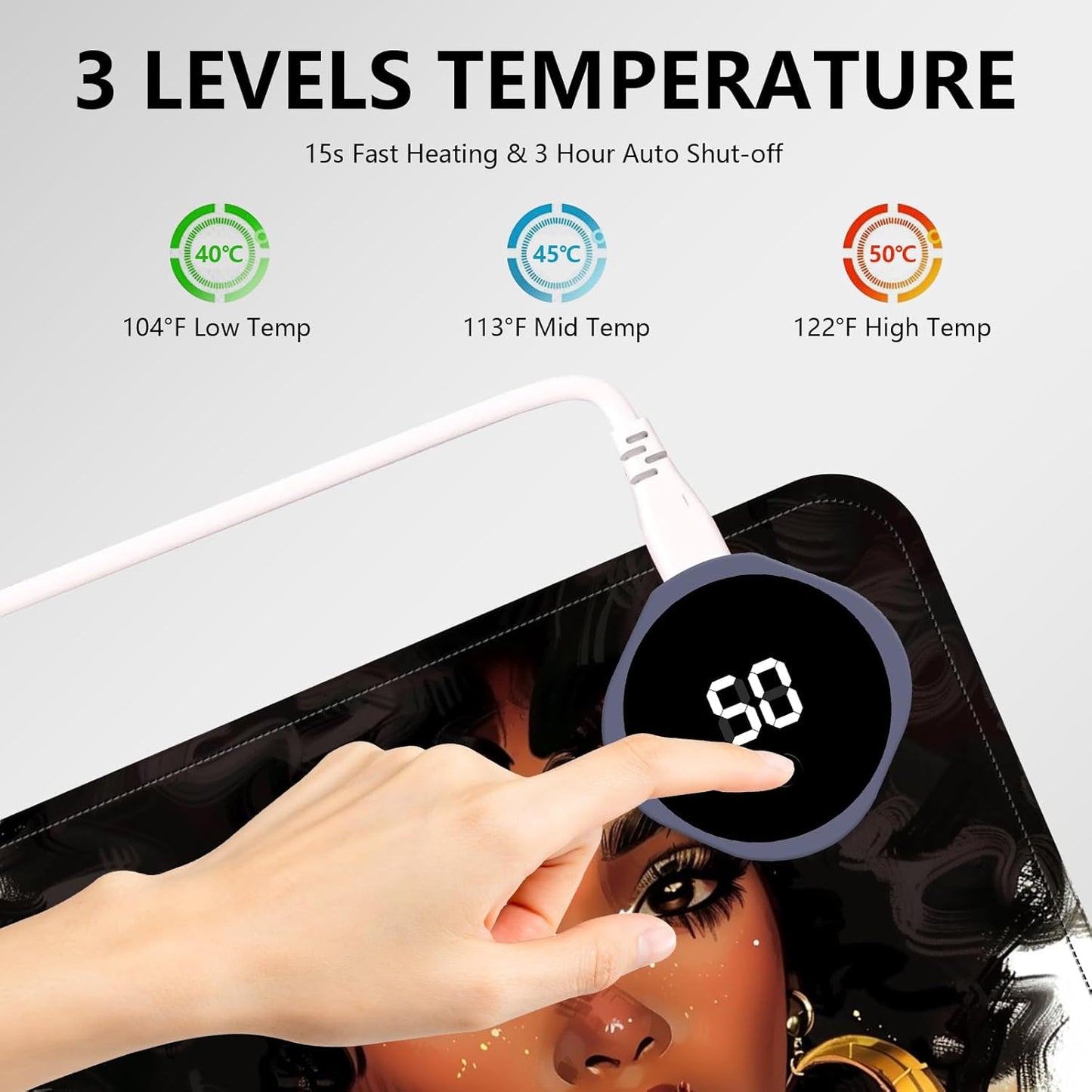 Heated Mouse Pad with 3 Levels Heated & 3 Hours Auto Shut-Off Mouse Pad for Warming Hands in Office Home, 23.6" x 14.2"Large Safe Desk Mat Hand Warmer，Girl with Short Hair