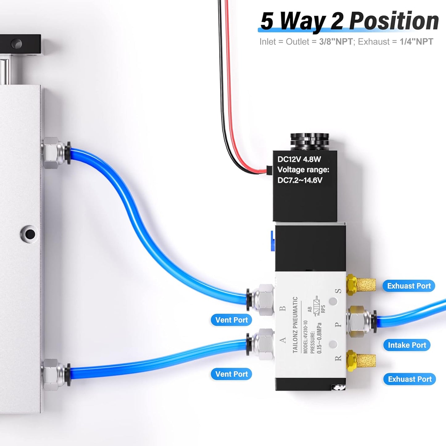 TAILONZ PNEUMATIC 3/8"NPT 12V Solenoid Valve 4V310-10 12V/24V/110V/220V Single Coil Pilot-Operated Electric 2 Position 5 Way Connection Type（Outlet wire）