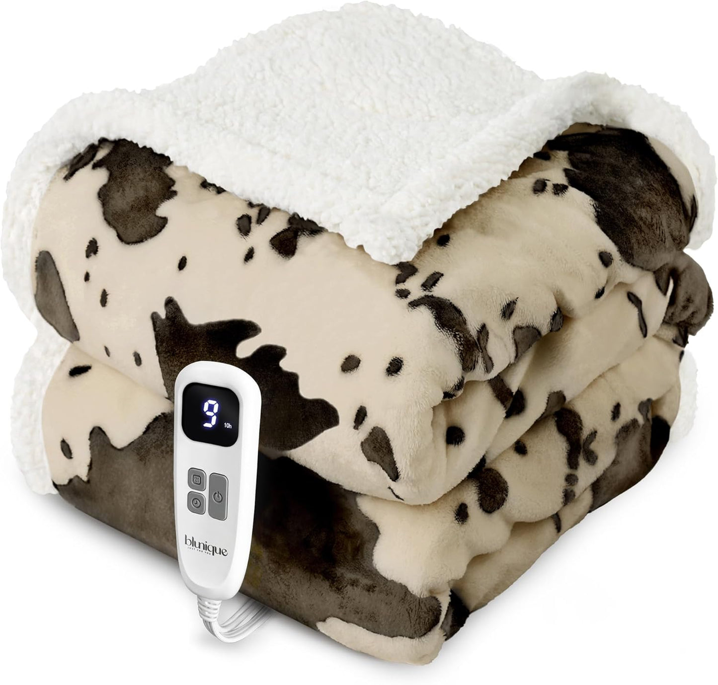 Cow Print Heated Throw Blanket Electric Blanket-Heating Blanket Throw with 10 Heat Levels & 10 Hours Auto-Off, Cozy Soft Fleece Sherpa, Washable, 50 x 60 Inches Cow Print Light Brown