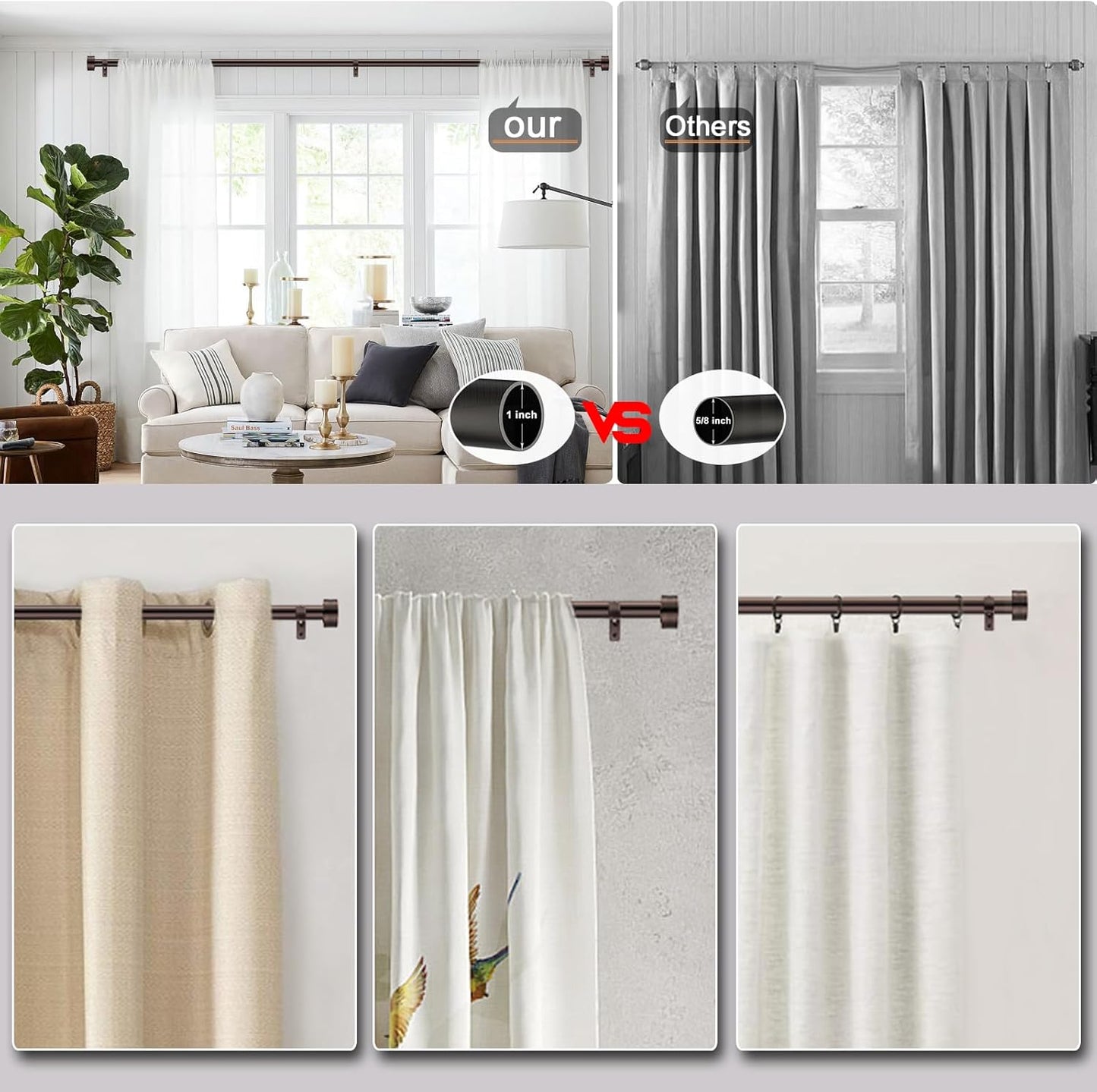 Adjustable Curtain Rods-18 to 144 Inches,1 Inch Modern Metal Drapery Rods, Adjustable Heavy Duty Curtain Pole with Simple End Caps
