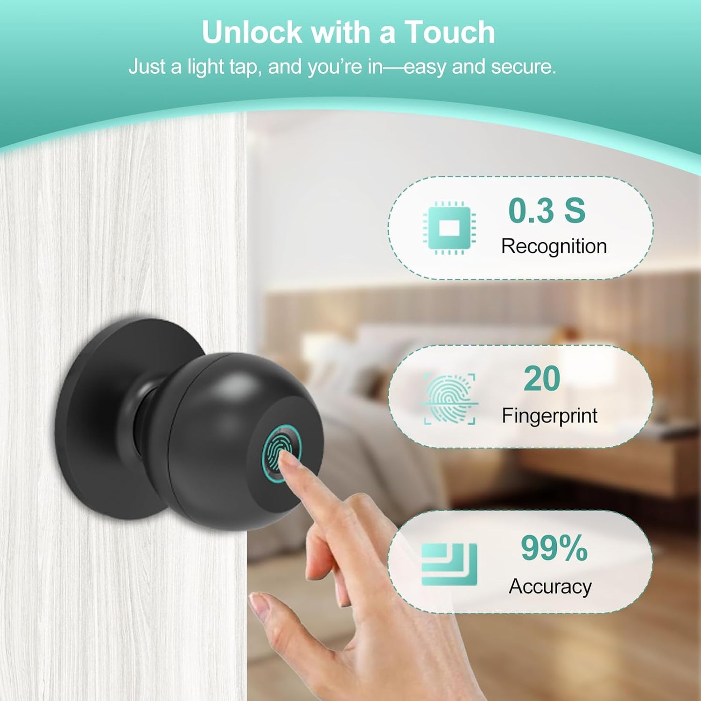 Fingerprint Door Lock, Smart Door Knob, Keyless Entry Door Lock with App Control, Thumbprint Door Knob with Extra Power Bank, Suitable for Home, Apartments, Office - Matte Black