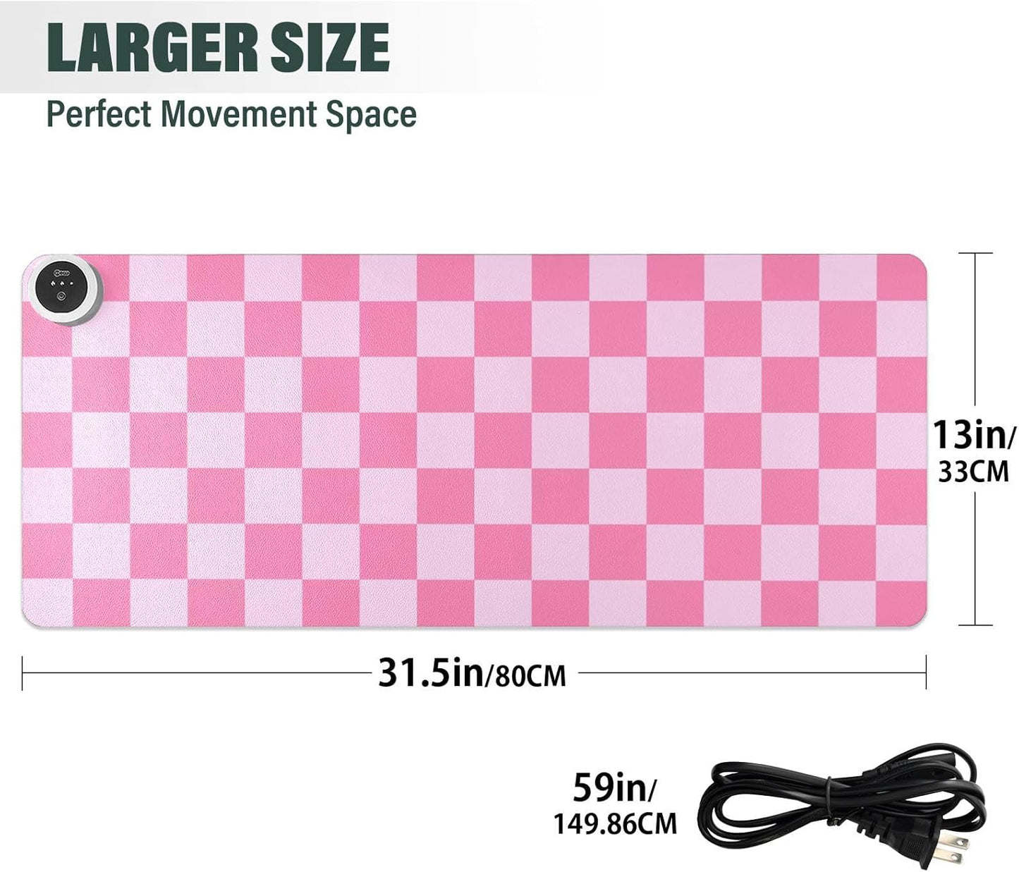 Checkered Pink Heated Desk Pad Mouse Pad 31.5x13 Inch PU Leather Desk Mat with 3 Heat Levels Large Mouse Gaming Computer Laptop Mat