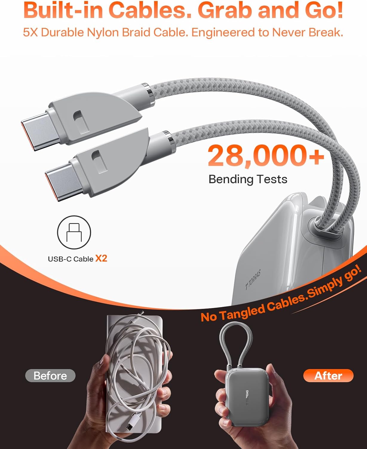 TORRAS EasyGo Portable Charger, 45W Fast Charging 10000mAh Power Bank [Travel & Daily Essentials] Built in Cable USB C, Phone Battery Pack Powerbank for iPhone Air/17/16/15 Series, Samsung, iPad etc