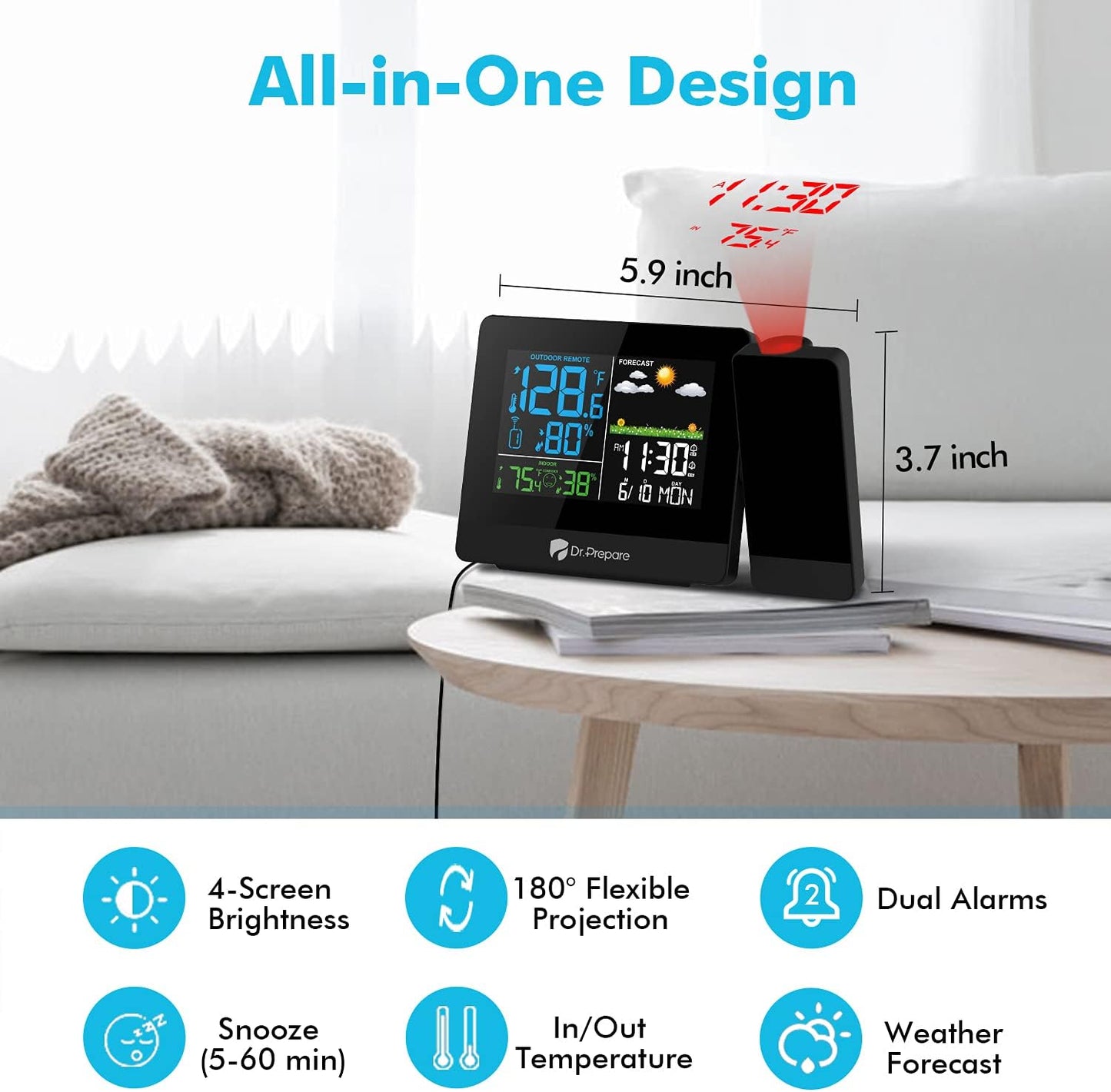 DR.PREPARE Projection Alarm Clock, Digital Clock Projector on Ceiling with Indoor/Outdoor Temperature Display, Dual Alarms, Colored Backlight, Weather Forecast, and Battery Backup for Bedroom