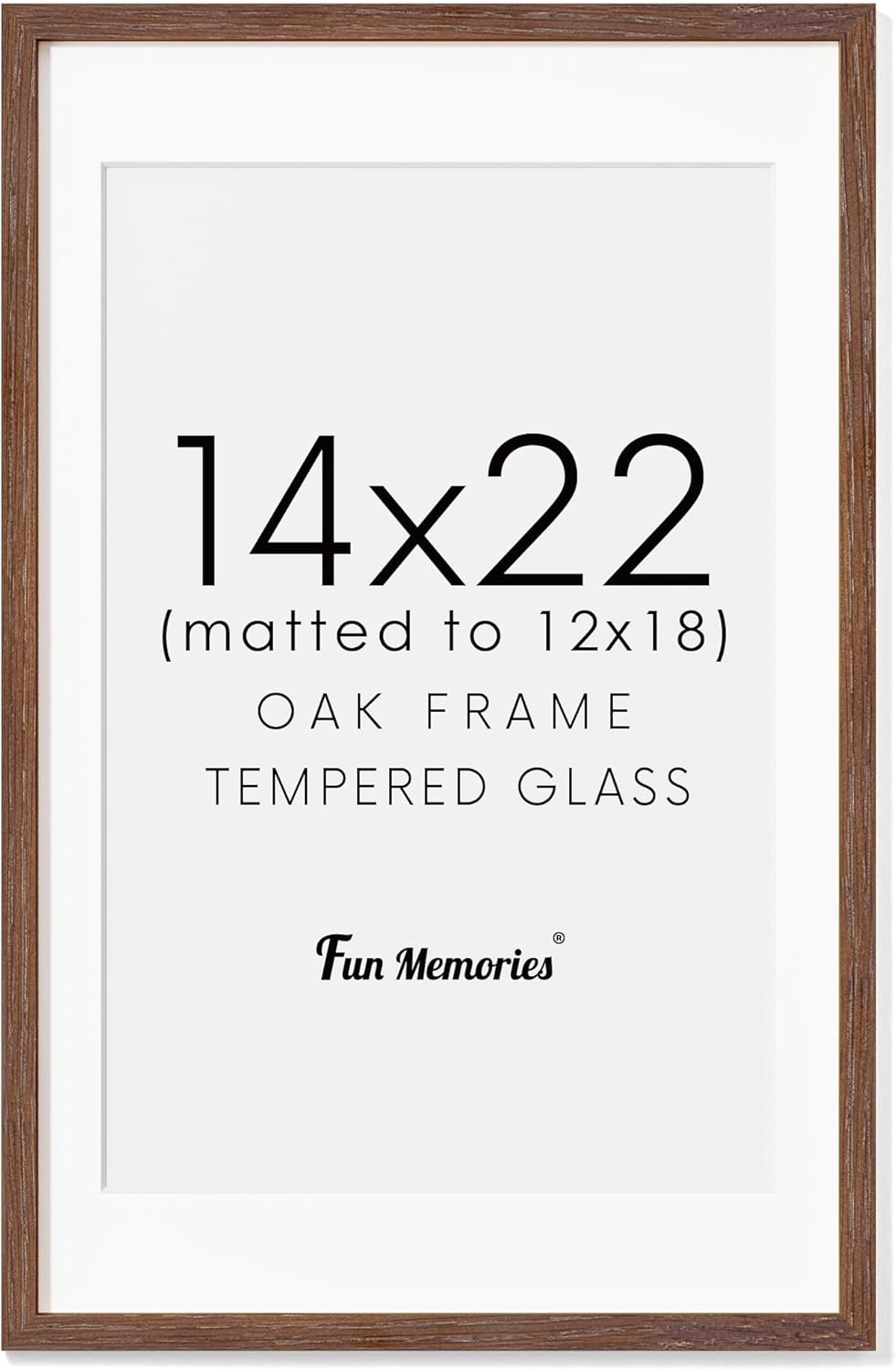 Fun Memories 14x22 Oak Wood Picture Frame, 14"x22" Picture Frame Matted to 12"x18", Photo Frame 14 x 22 with Real Glass, 14x22 Wood Frame for Vertical or Horizontal Hanging (Walnut Color, 1 Pack)