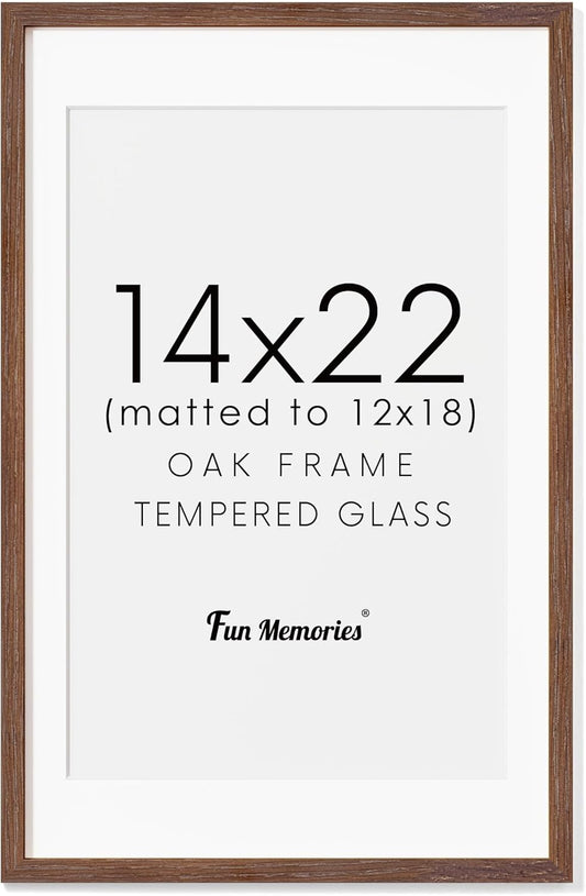 Fun Memories 14x22 Oak Wood Picture Frame, 14"x22" Picture Frame Matted to 12"x18", Photo Frame 14 x 22 with Real Glass, 14x22 Wood Frame for Vertical or Horizontal Hanging (Walnut Color, 1 Pack)