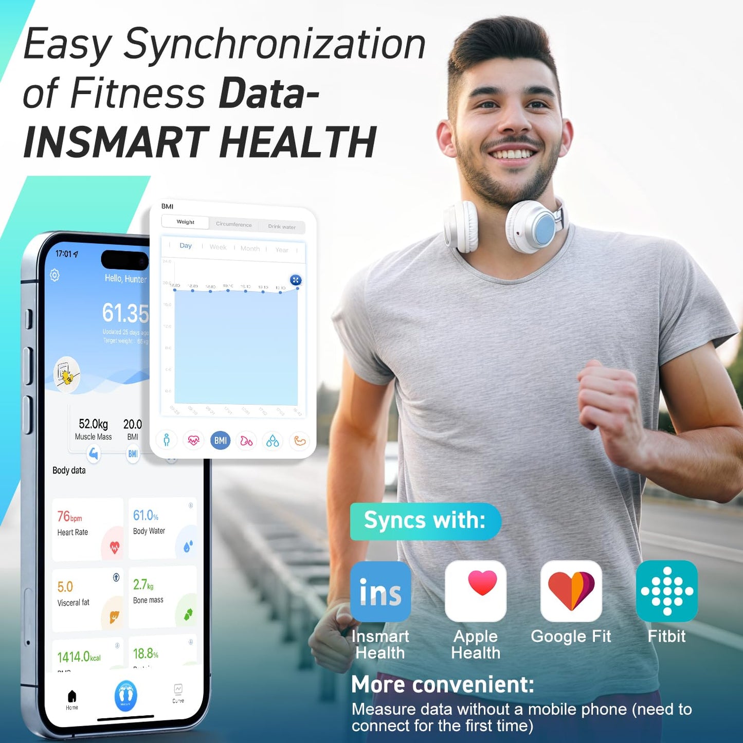 INSMART Smart Scale for Body Weight, Large Display Body Fat Scale, Accurate Weight Scale Digital Bluetooth Bathroom Scale for BMI Heart Rate, 18 Body Composition Analyzer with Fitness APP Sync, 500lbs