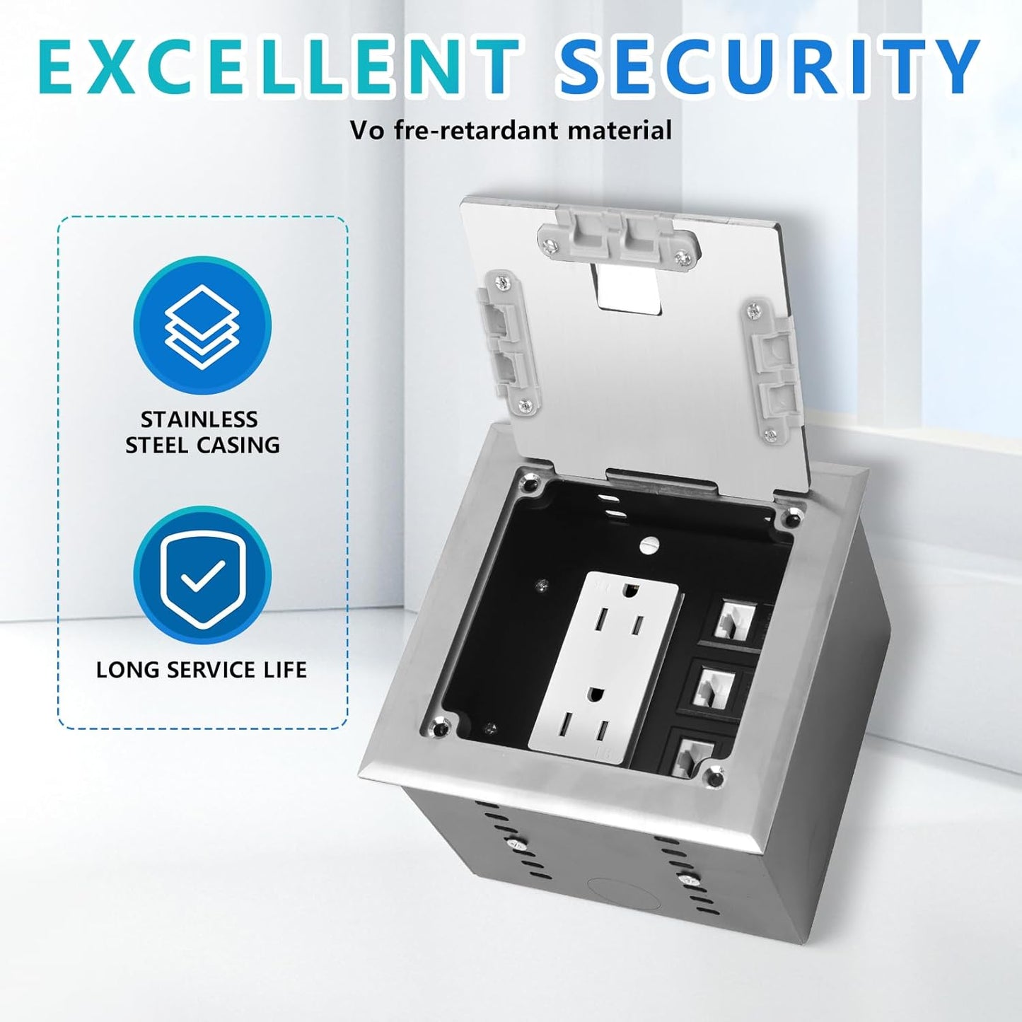 KYHSHJ Recessed Flat Hidden Socket Kit with 15 Amp Stainless Steel TR Receptacle Outlet Stainless+3-Port RJ45 Datacom Receptacle.Internal Height Adjustable，Corrosive Resistant Hardware，Silver