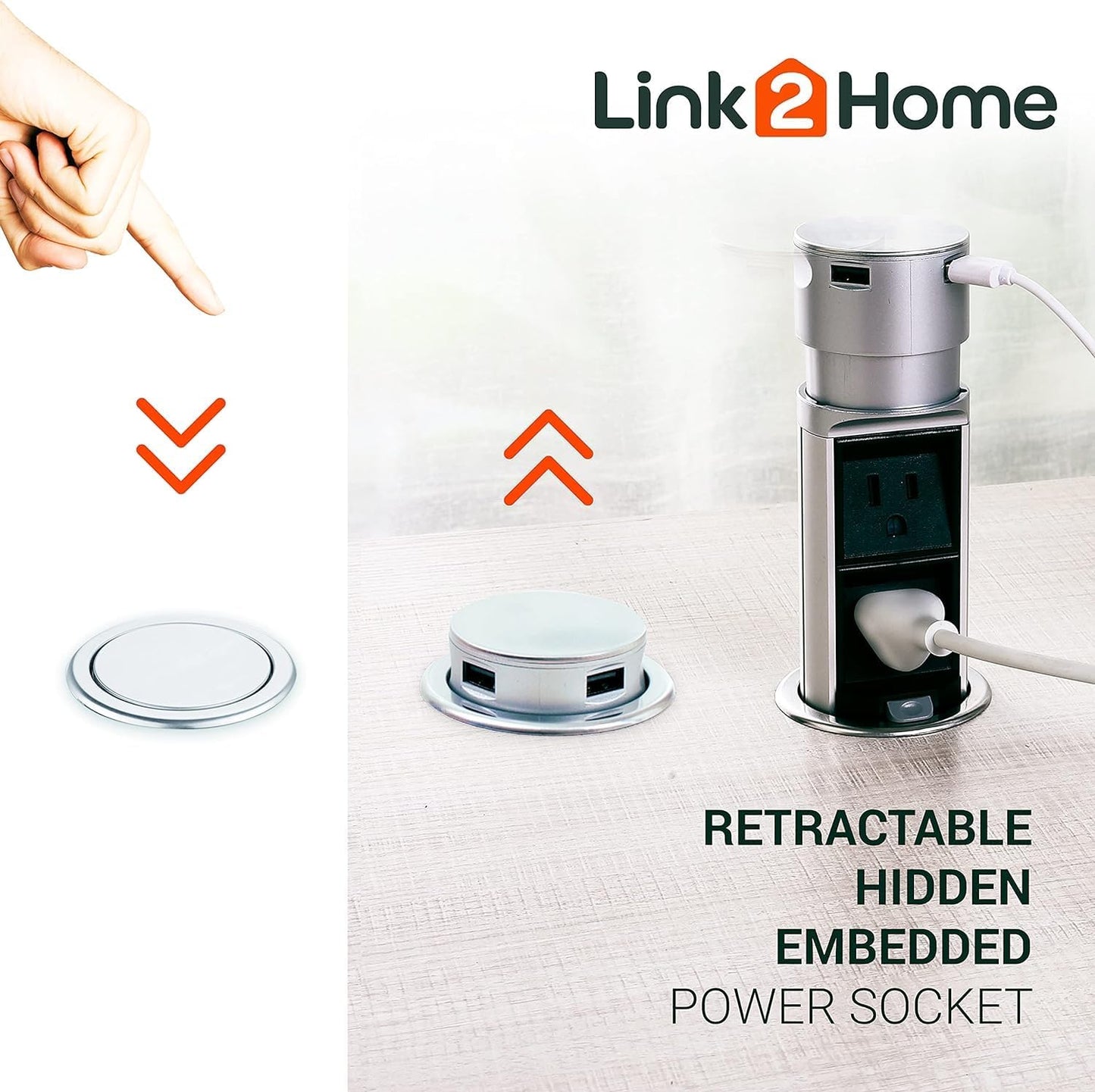 Link2Home 2 Pack Space Saver Pop Up Outlet Station with USB, 2 Power Outlets 15A, 2 USB Ports 2.4A Fast Charge Splash Resistant, Stainless-Steel Finish, for Kitchen Island, Office Table and Workshop