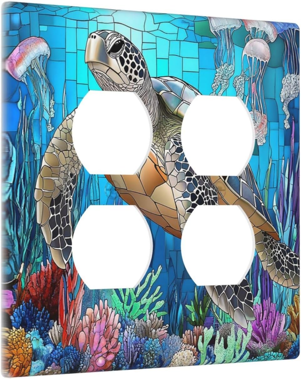 Outlet Covers Nautical Sea Turtle Coral Jellyfish 2 Gang Double Duplex Decorative Light Switch Covers Electrical Wallplates Socket Faceplate For Kids Room Nursery Decor