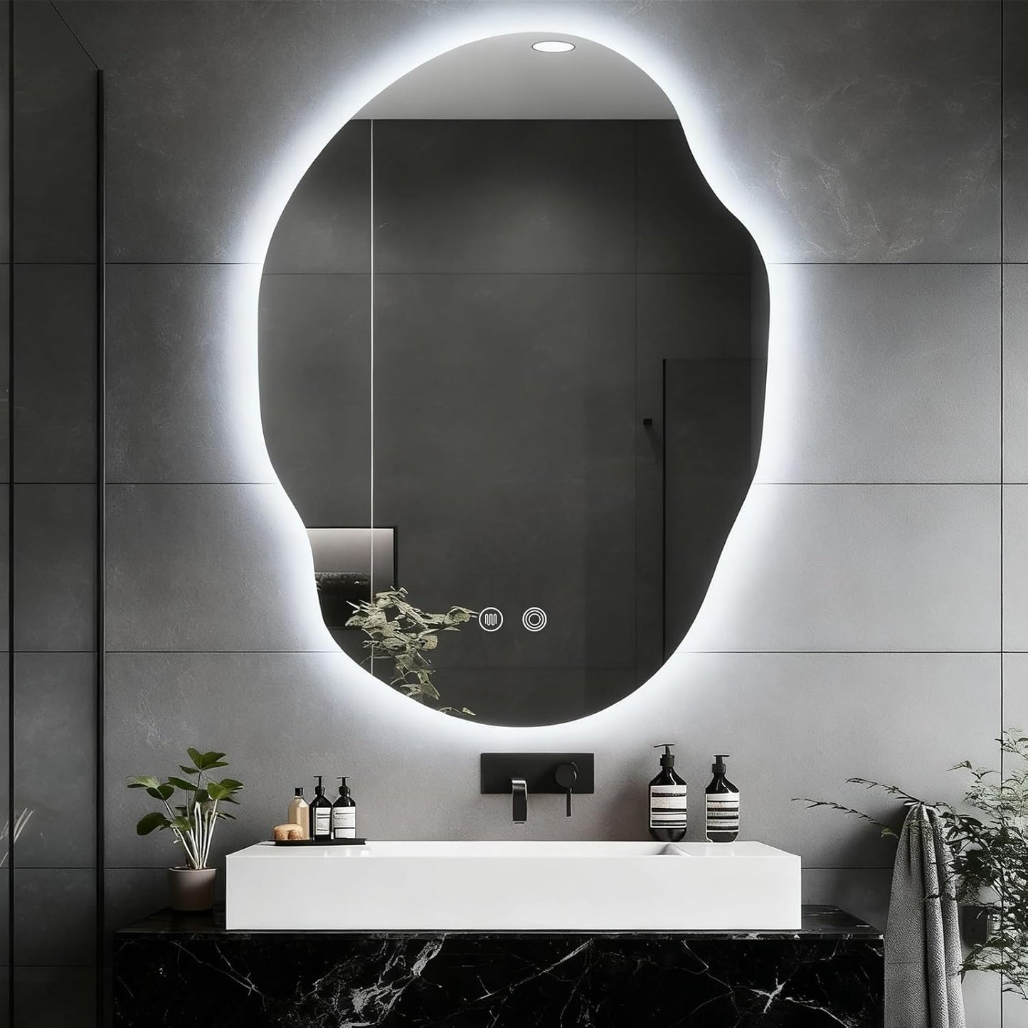 Asymmetrical Bathroom Mirror with Lights,Irregular LED Bathroom Vanity Mirror with Backlit,Anti-Fog,3 Colors and Dimmable Light with Memory,Hardwired Supported[Horizontal/Vertical] 30" H x 22" W
