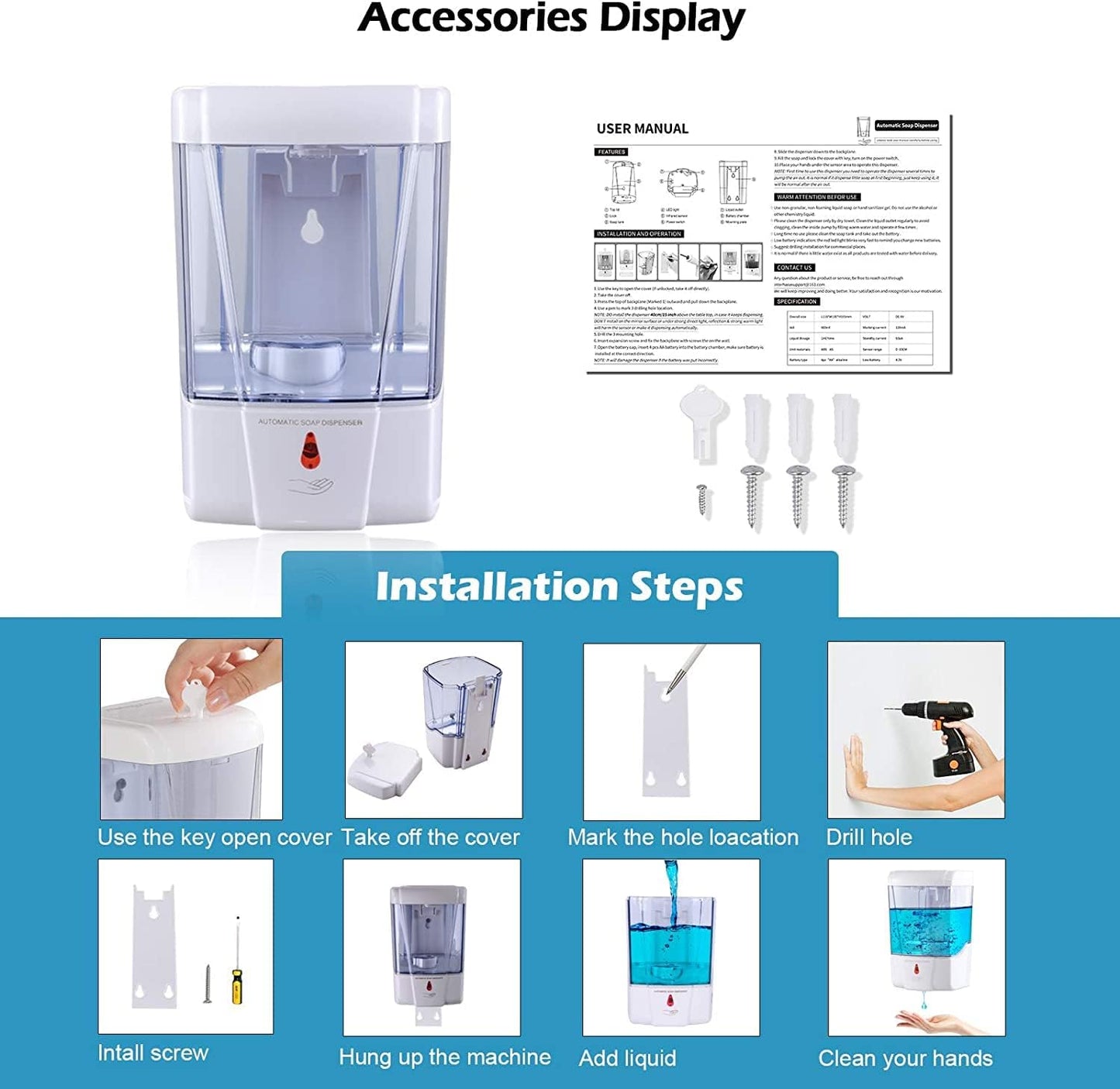 Automatic Soap Dispenser Wall Mount 2 Pack White 20 Oz with Key Anti-Theft Design for Commercial Bathroom Restroom Toilet Hotel