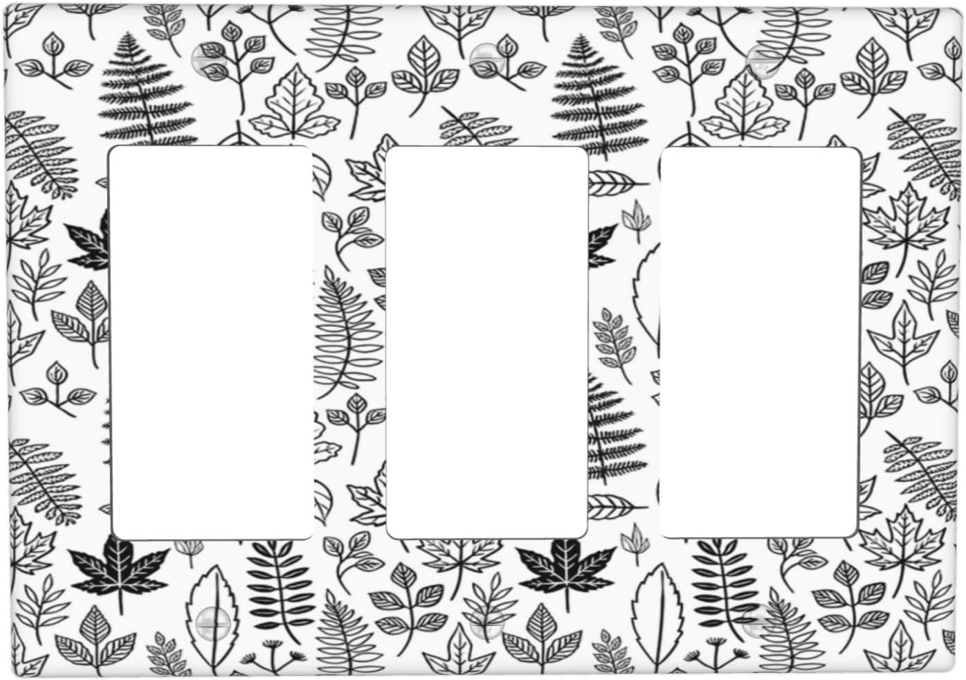 Black White Leaf Wheat Maple Leaf Plant Light Switch Covers 3 Gang Rocker Decorative Triple Outlet Wall Plate Cover Electrical GFCI Switchplate for Bedroom Bathroom Decor