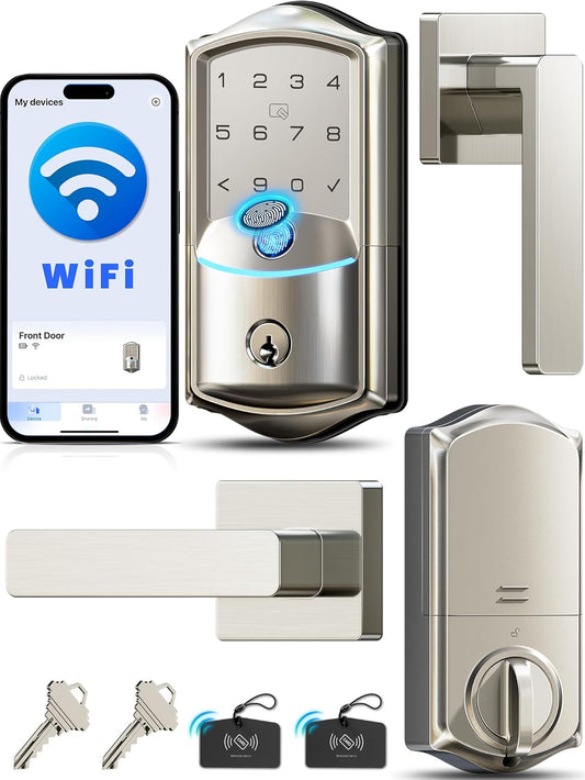 Veise VE027-L Built-in WiFi Smart Door Lock with Lever Handle Set, Fingerprint keyless Entry Door Lock, App Remote Control, Electronic Digital Keypad Deadbolt for Front Door, Auto Lock, Satin Nickel