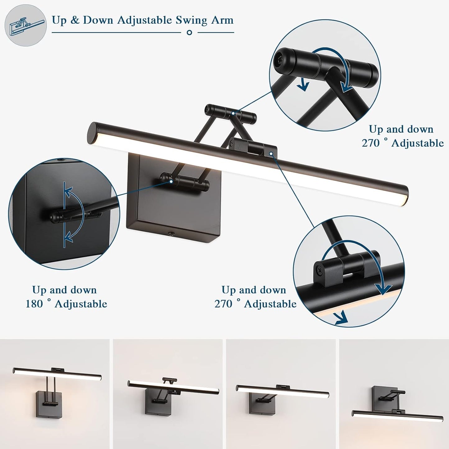Joossnwell Modern Picture Light Black LED Picture Frame Lights for Paintings Hardwired 110V Gallery Light Artwork Lighting with Adjustable Swing Arm Art Display Lamp 15.5 Inch 7W Warm White