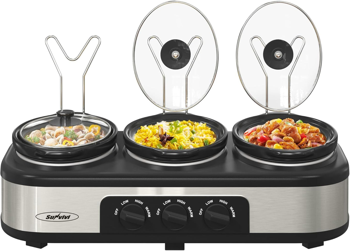 3 * 1.5 Quarts Triple Slow Cooker, Buffet Server & Warmer with 3 Removable Ceramic Pots, 3 Adjustable Temp Settings & 3 Metal Lid Rests, Stainless Steel, Silver