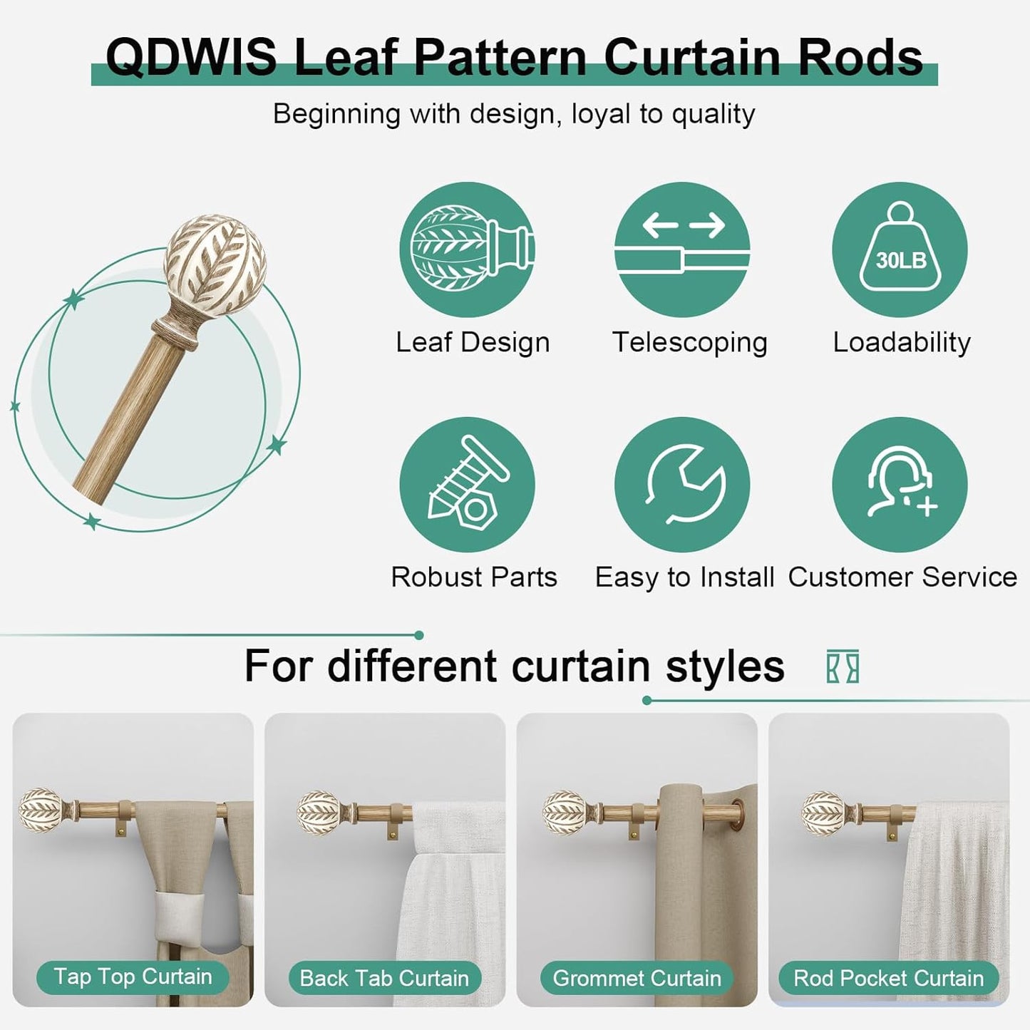 2 Pack Boho Wood Curtain Rods for Windows 72 to 144 inch,1" Adjustable Heavy Duty Window Curtain Rod with Imitation Wood Grain Finials,Rustic Decorative Drapery Rods Set 36-150'',Weathered Wood