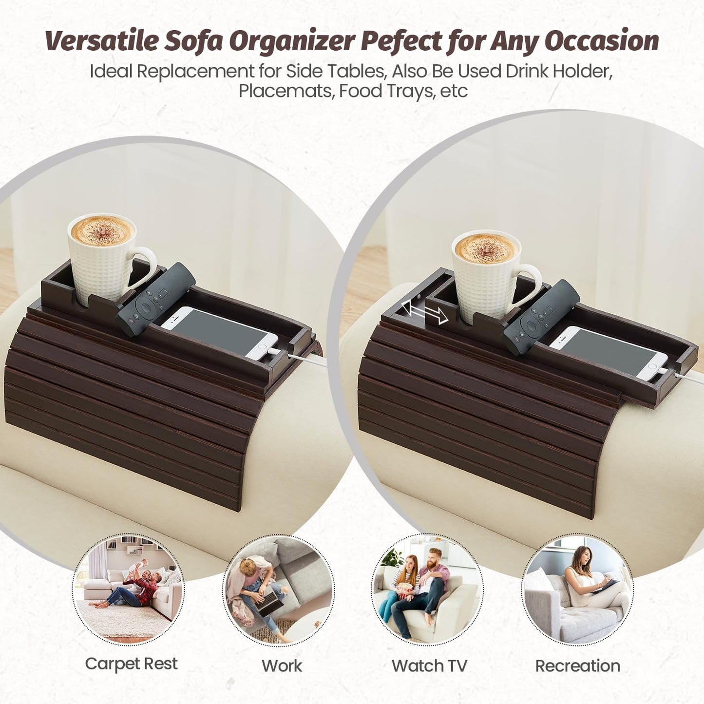 GEHE Detachable Couch Cup Holder, Anti Falling Sofa Arm Tray, Natural Bamboo Sofa Cup Holder More Safe for You Family, Portable Couch Arm Tray Armrest Table for Remote, Snacks, Phone, Drinks