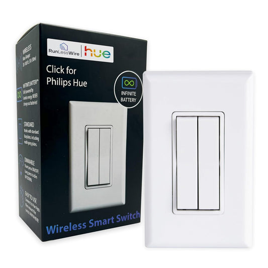 RunLessWire Click for Philips Hue – Battery-Free Wireless Smart Light Switch, 30ft Range – Works Natively with Philips Hue Bridge – Wall Mount Kinetic Switch - Decora Style, White