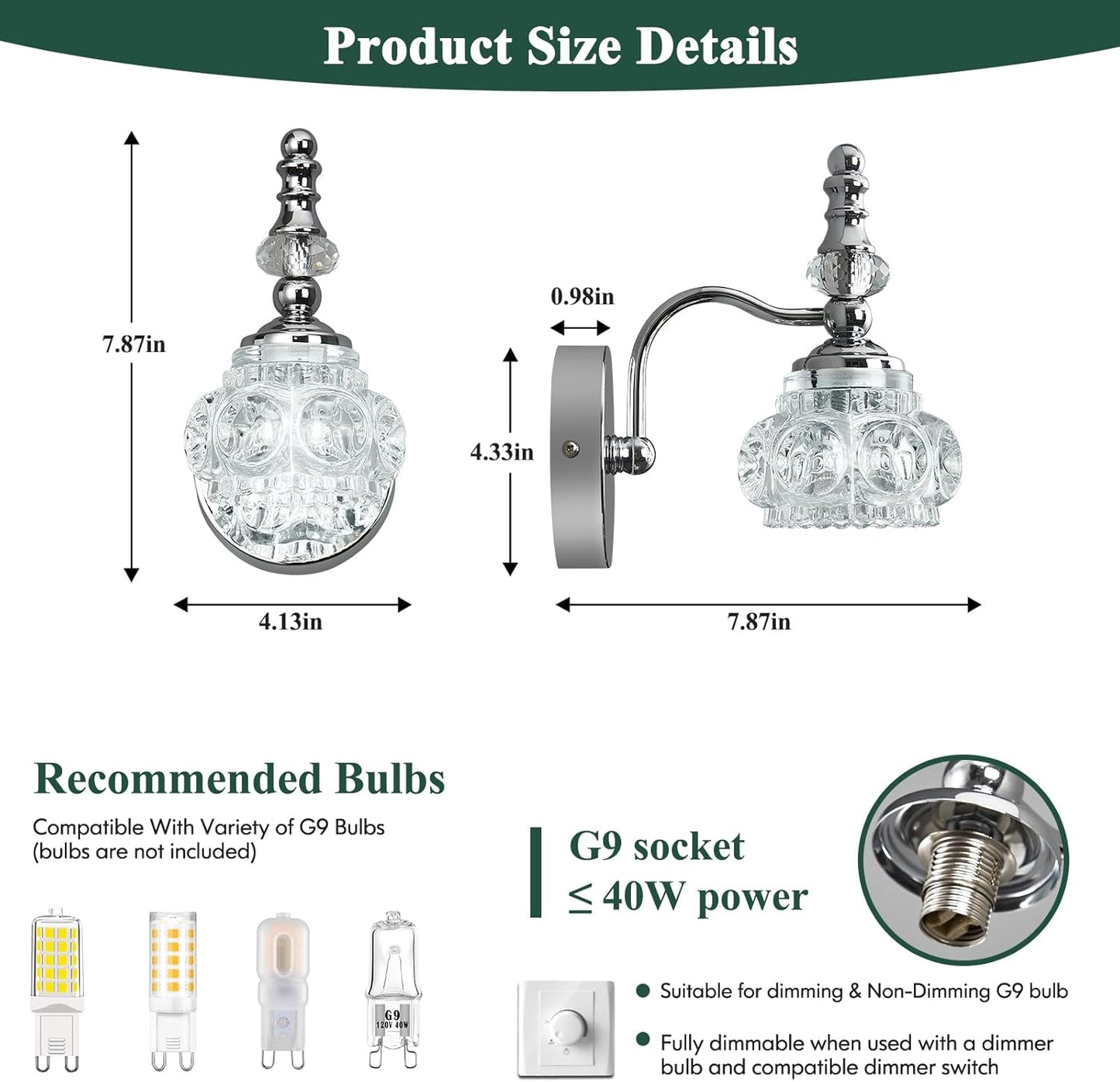 Modern Wall Sconces Set of Two Indoor Lamp Chrome Vintage Glass Light Bathroom Vanity Fixture Wall-Mounted Room Lighting