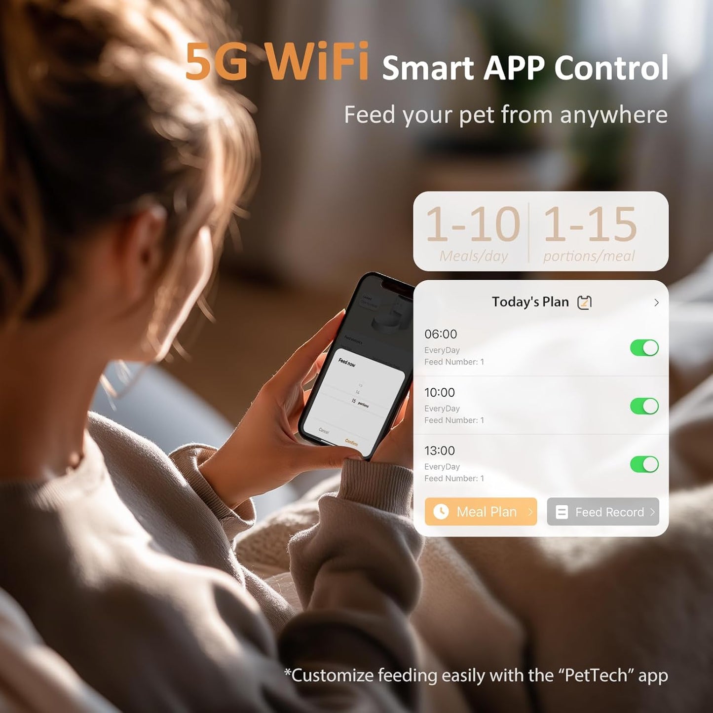 Automatic Cat Feeder WiFi: 5G Smart Auto Pet Feeder with App Remote Control- Timed Feeding Cat Food Dispenser with Airtight Lock-Fresh- Easy to Clean& Dual Power Supply with Stainless Bowl