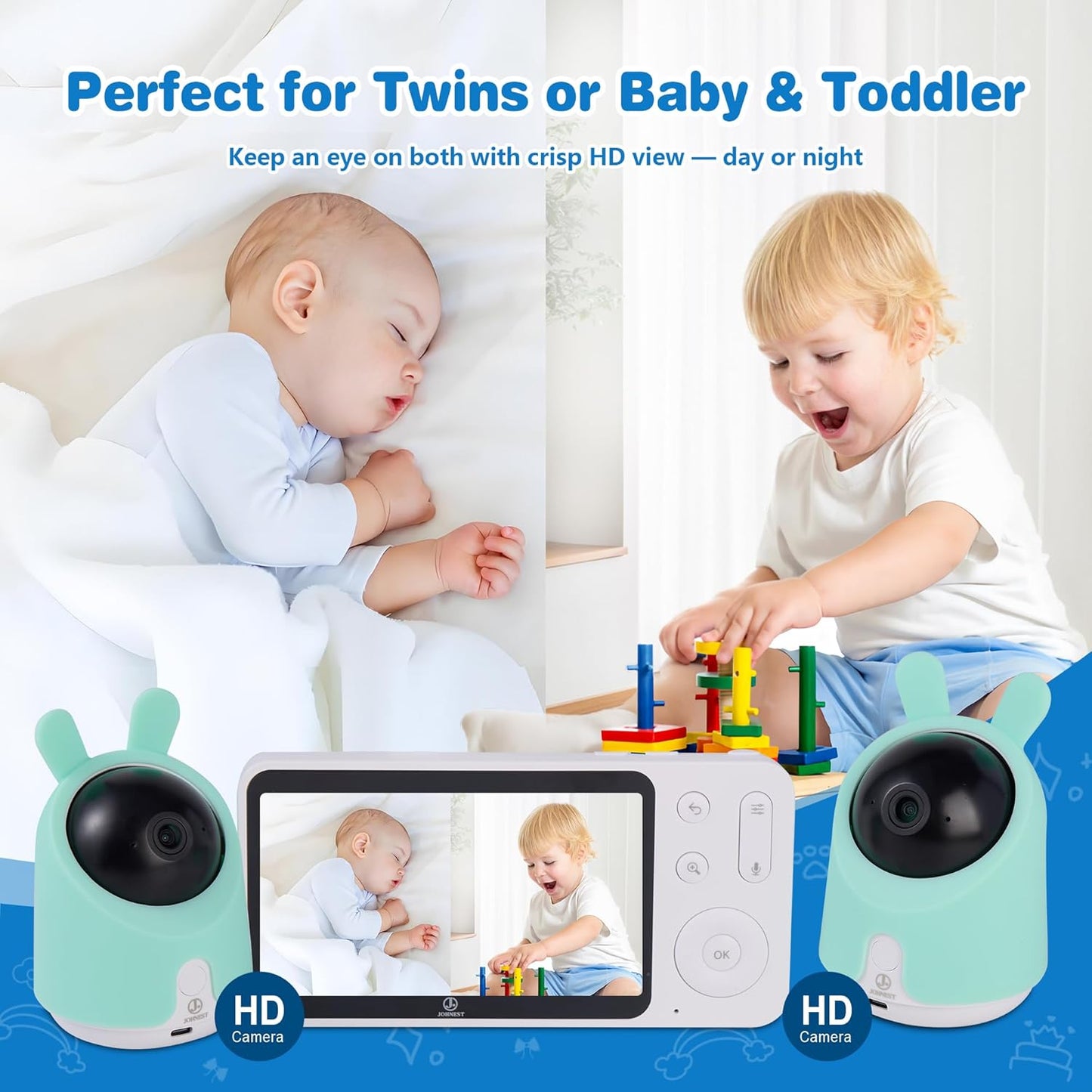 Baby Monitor with 1 or 2 HD Cameras – No WiFi Needed, AI Sleep Detection, Night Vision, Two-Way Talk, Temperature Alerts – Split Screen Option (2 Camera)