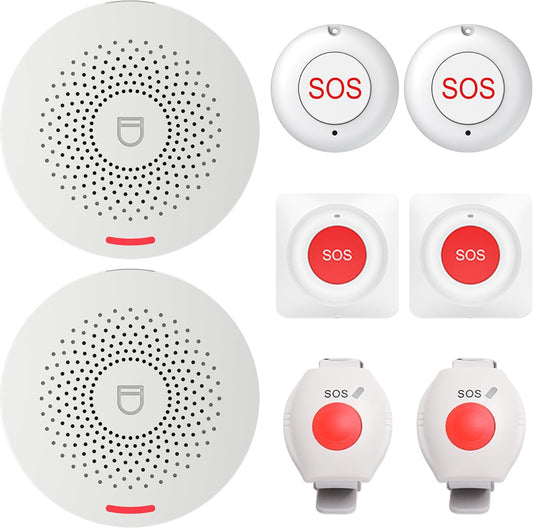 XUK WiFi SOS Caregiver Pager Call Button for Elderly, No Monthly Fee 2.4GHz Wi-Fi APP Control Wireless Nursing Call System with 2 SOS Call Panic Buttons & 2 Watch Pagers & 2 Square Pull Cord Pagers