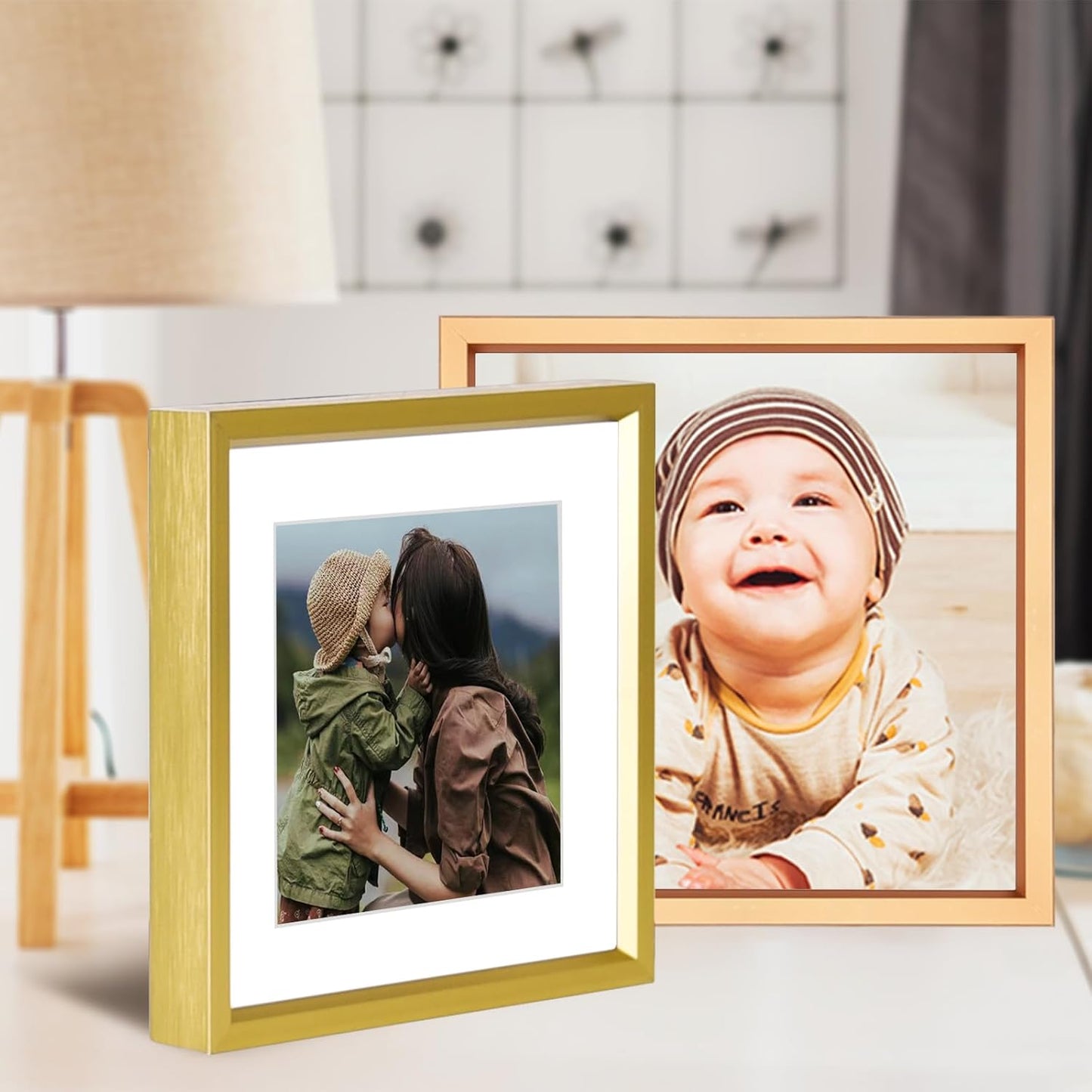 5x5 Picture Frame, Brass Metal Photo Frames with HD Glass, Fits 4x4 with Mat or 5 x 5 without Mat, Display for Wall and Table, 3 Pack