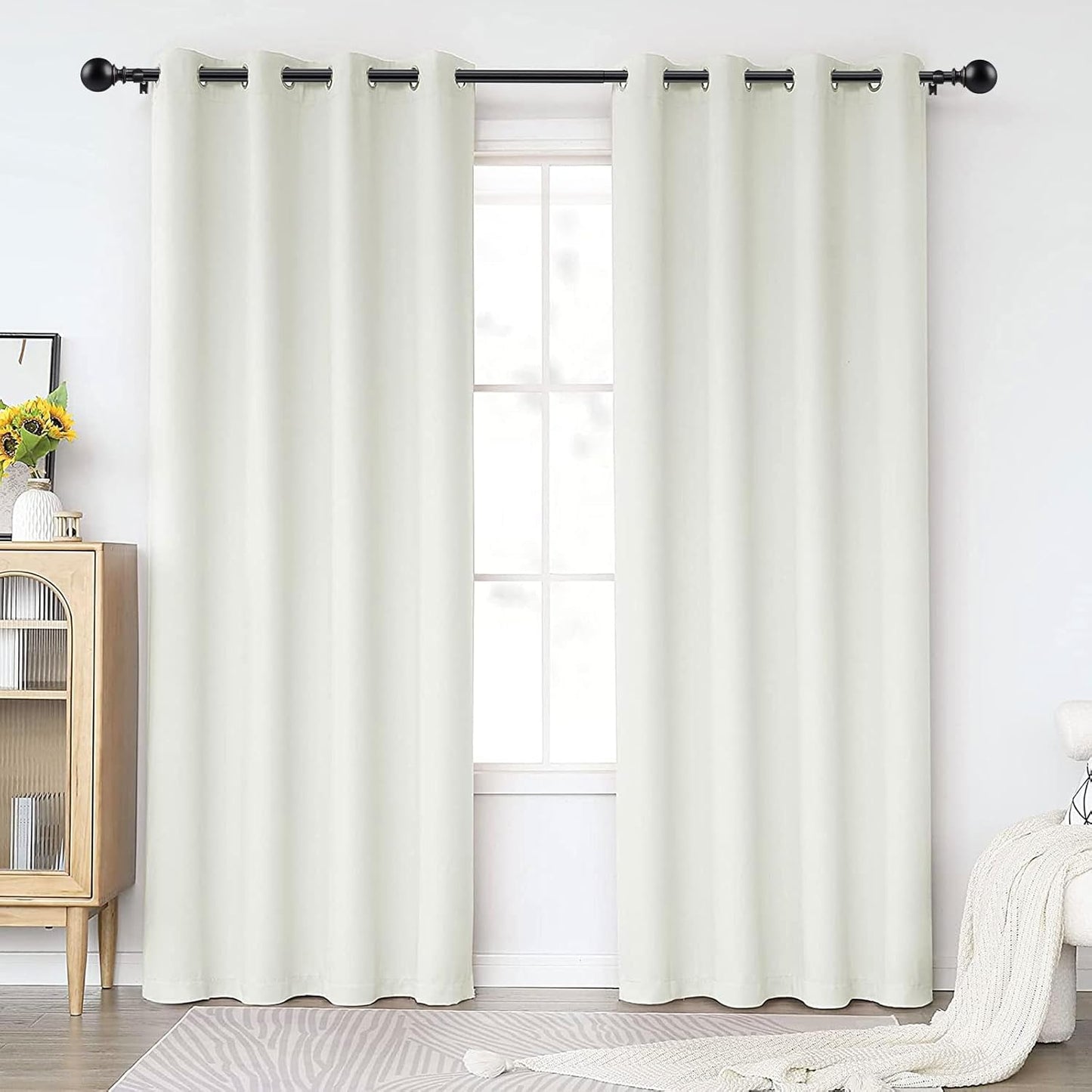 KAMANINA Curtain Rods for Windows 28 to 48 Inches, Black Curtain Rod 32 to 58 inch (2.6-4.8ft), 7/8 Inch Decorative Drapery Rod with Round Finials