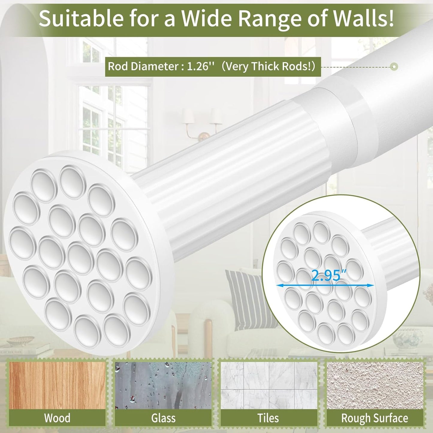 White Tension Curtain Rod 51-126 Inch, Long Curtain Rod No Drilling for Window or Bathroom Patio, Outdoor Tension Rod for Patio, Easy to Install, Never Rust, Rod Diameter 1.26 Inches-White